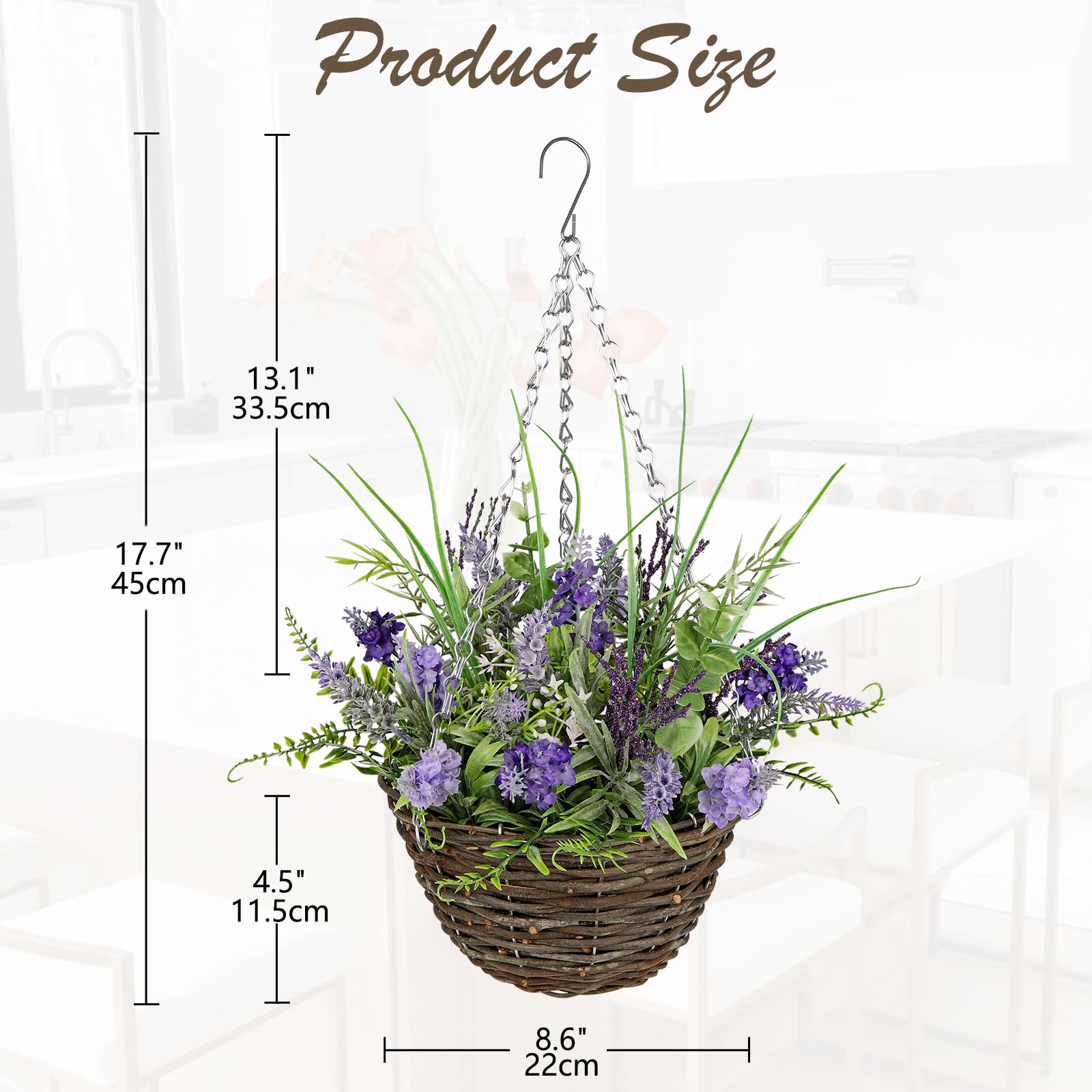 Arborus Artificial Hanging Basket 17.7" Fake Lavender Plants Hanging Baskets Realistic Silk Flower Baskets Faux Floral Basket with Greenery for Home Farmhouse Porch Patio Indoor Decor - Image 2
