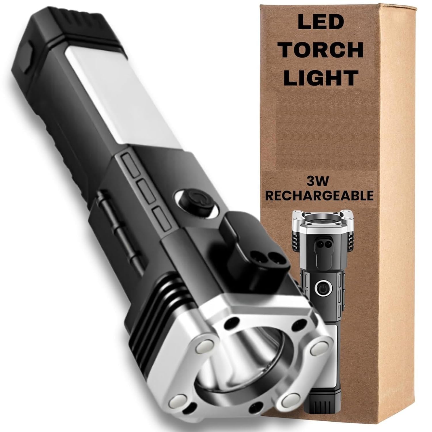 TREATTOES Multi-Function 3W LED Flashlight Torch Light with Extended Beam, Built-in Car Rescue Hammer, Window Glass, Magnets, and Safety Cutter Indoor & Outdoor Tools Set - 31TRT05-image-14
