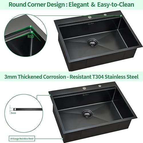 Miniatura 5 de Fregadero de cocina, fregadero de cocina de 30 x 22 x 10 pulgadas, fregadero de cocina negro plomizo, fregadero de cocina de acero inoxidable