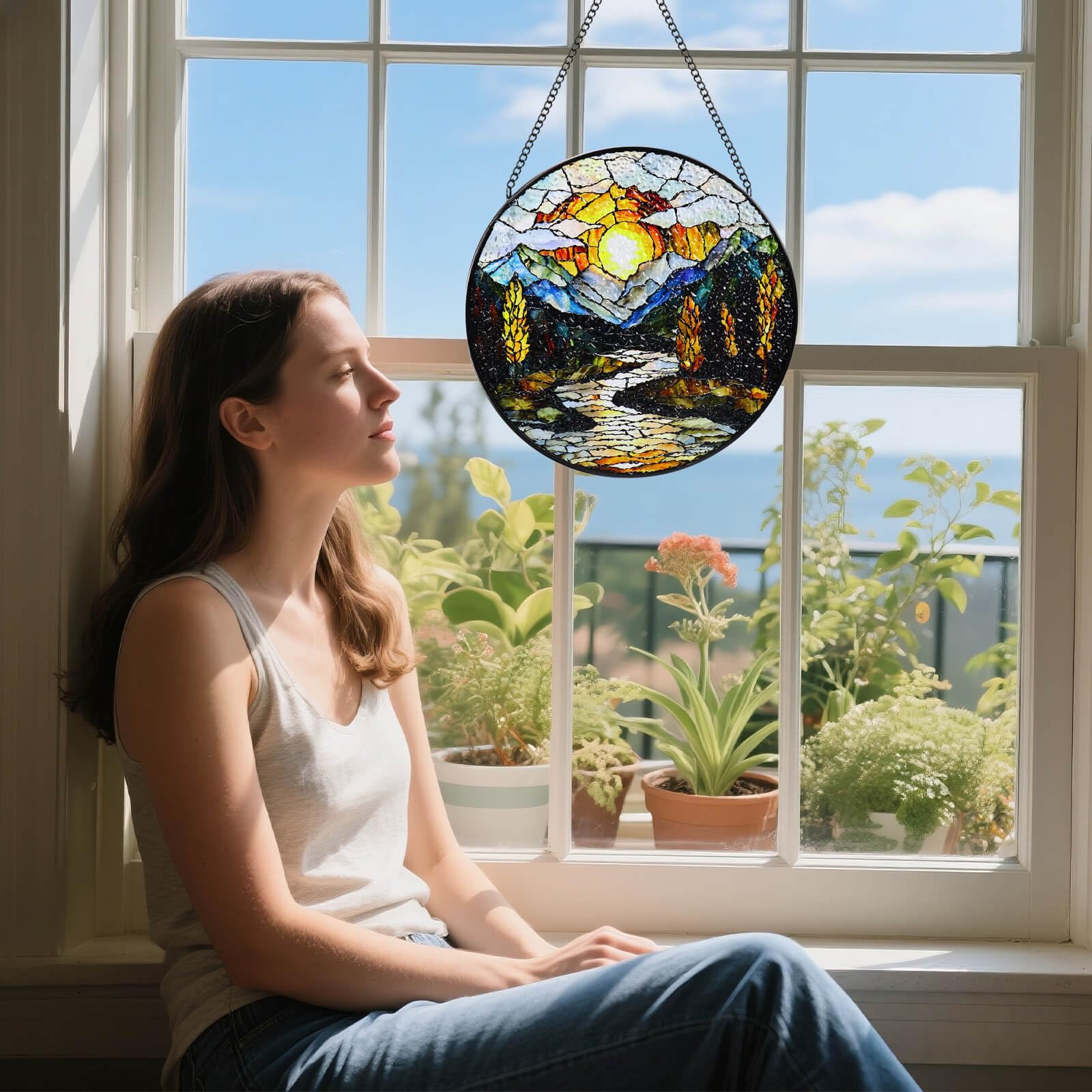 Buntglas-Fensterbehang, 20,3 cm, Sonnenuntergang, Berge, See, Baum, Sonnenfänger, Diamantglasscheibe, Landschaft, Sonnenfänger für Heimdekoration, Geschenk für Frauen, Ehefrau, Mutter, Weihnachten