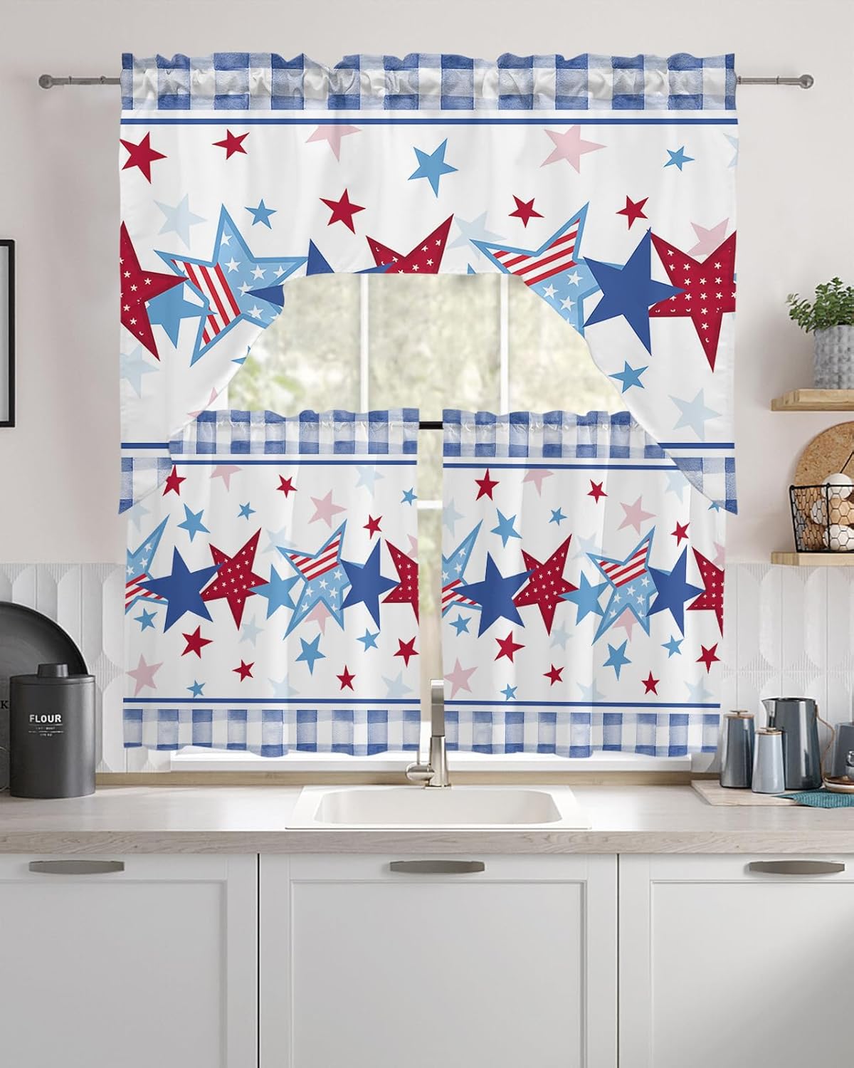 American Flag Swag Kitchen Curtain Sets with Valance,3 Pieces Rod Pocket Curtain Drapes for Bedroom Bathroom Cafe Windows,Memorial Patriotic Freedom Stars Blue 56''x36''&24''x27.5''x2Panels