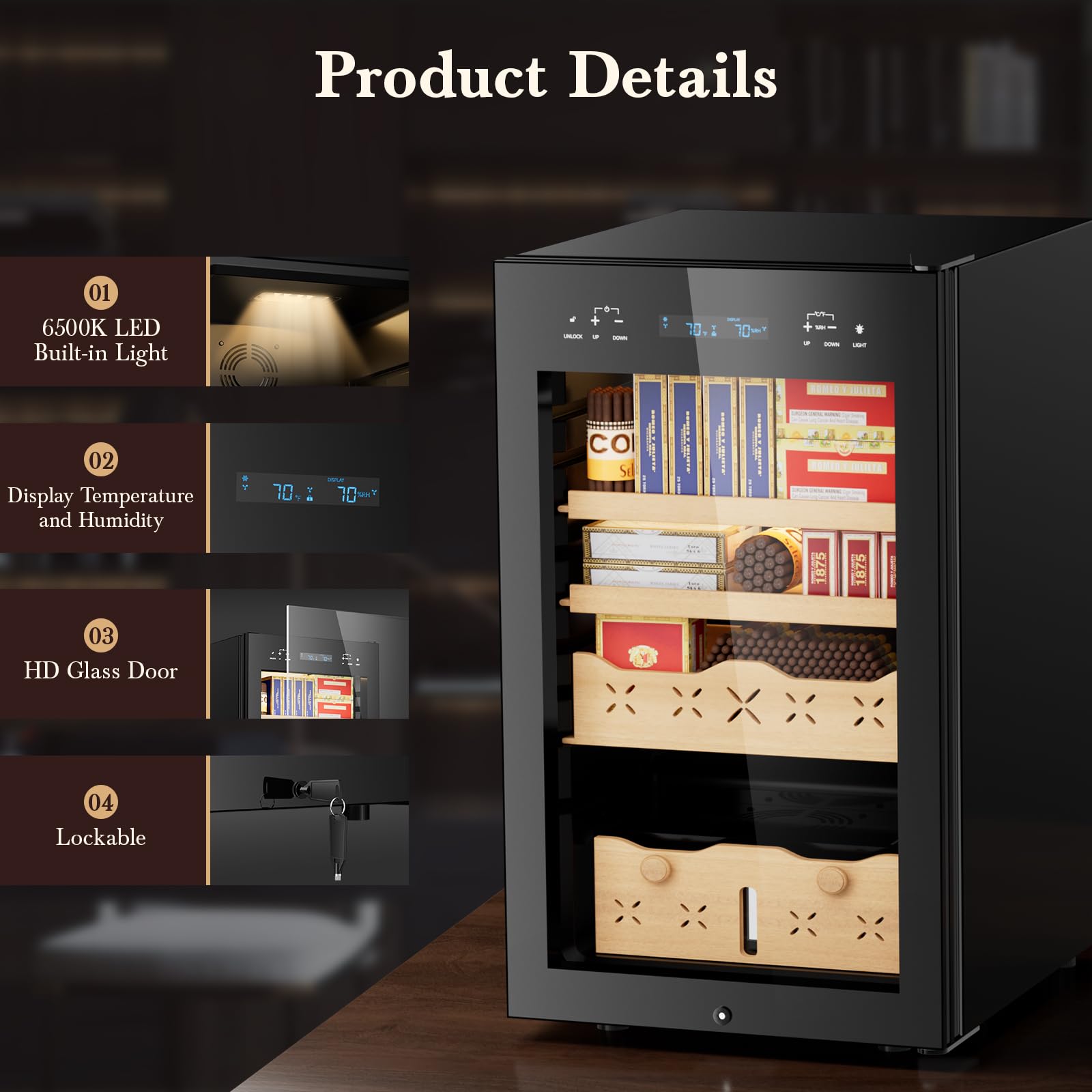 Lioncho 65l Intelligent Temperature & Humidity Adjustable Electronic Cabinet Lockable (500 Counts Capacity), Digital Lcd Display, Spanish Cedar Wood Drawer on Fridge.com - View 4