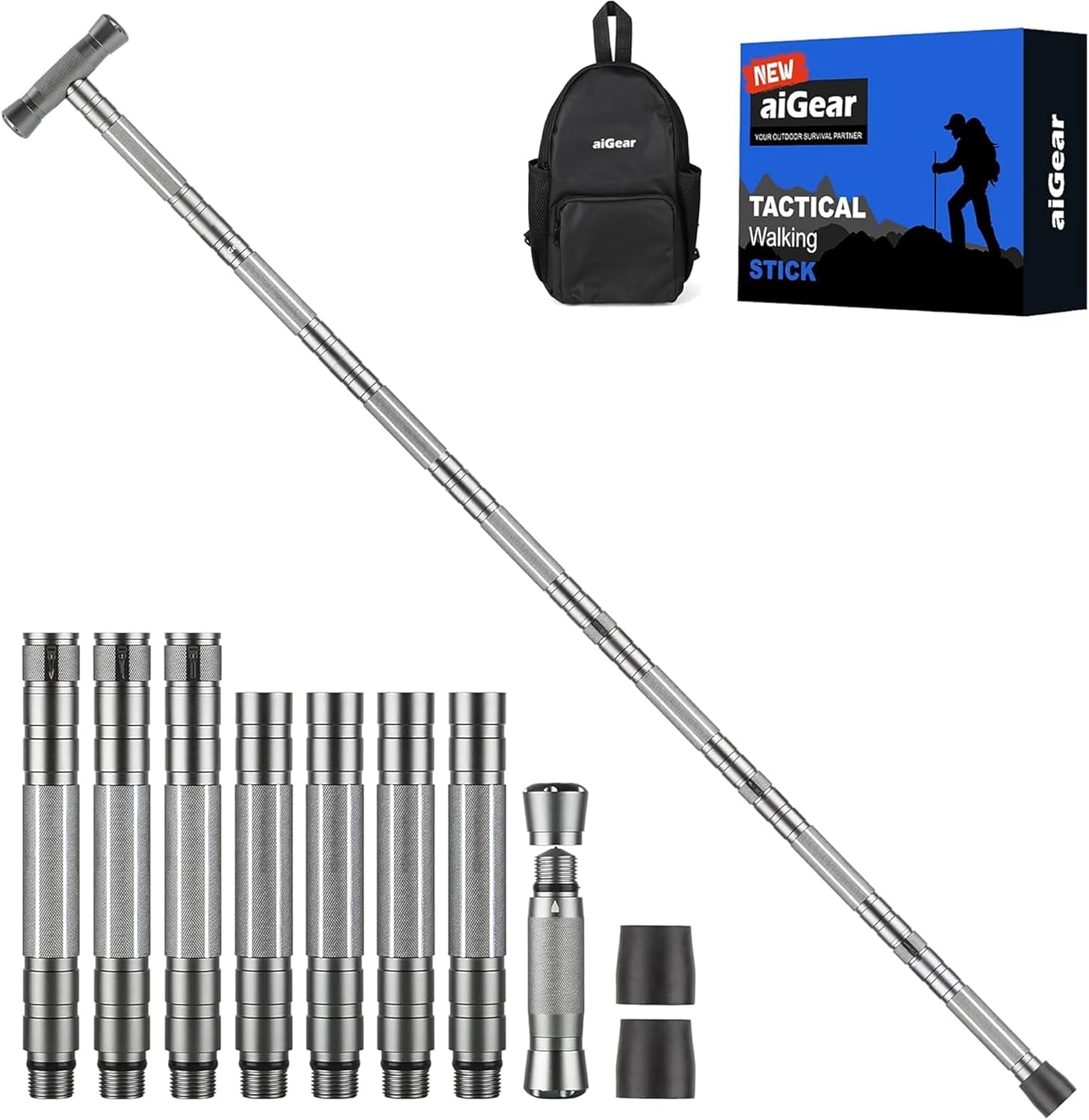 aiGear Walking Stick | Heavy-duty Collapsible Walking Poles |5/6/7/8 Tubes Upgraded Aluminum Hiking Sticks Adjustable Height with 3 Multifunctional Tool | for Backpacking Hiking Camping | NWT7-GR