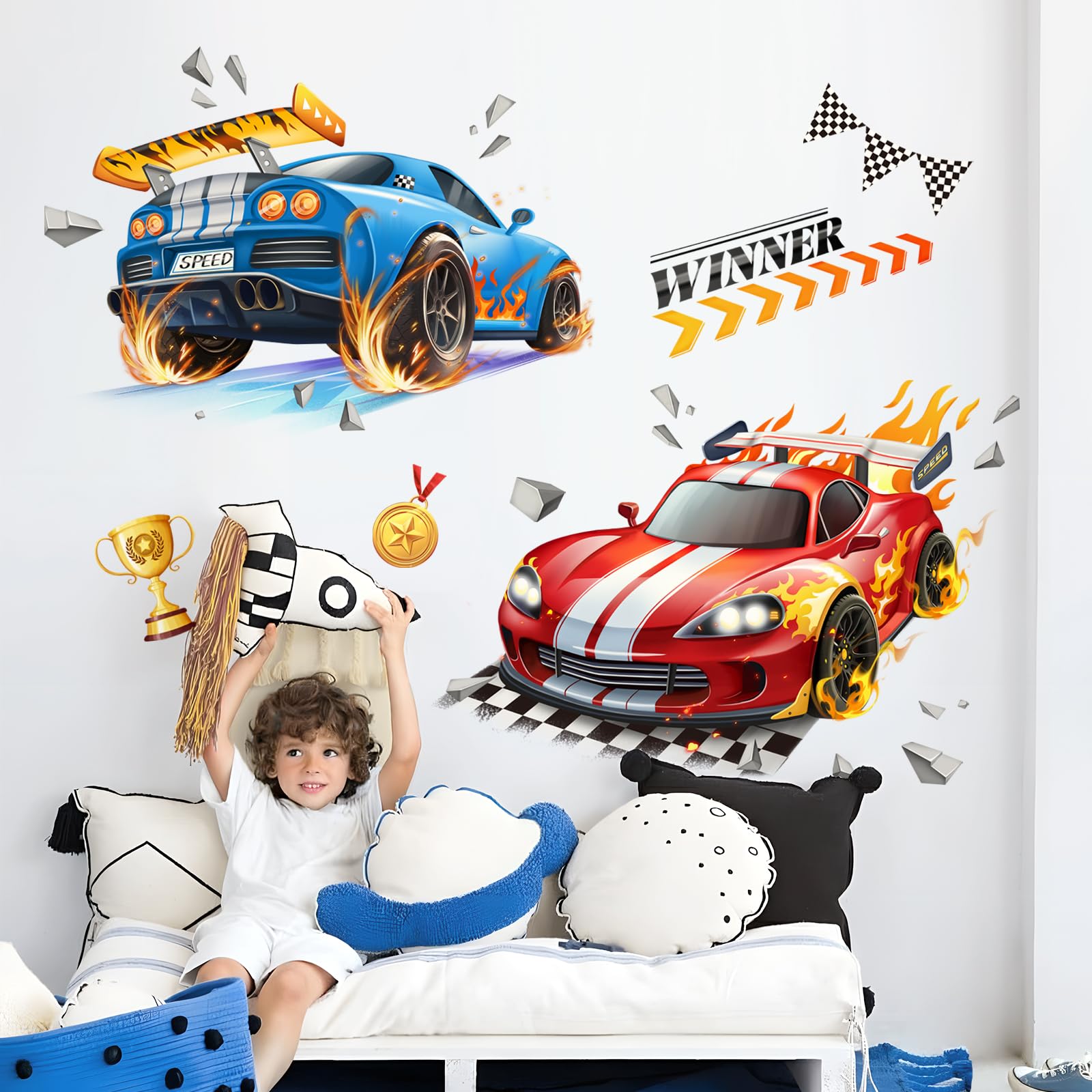 Tanlaby 3D Auto Wandtattoo Rennwagen Wandsticker Kinderzimmer Jungen Zerbrochene Wand Sportwagen Wandaufkleber für Babyzimmer Wohnzimmer Schlafzimmer Hause Wanddekoration