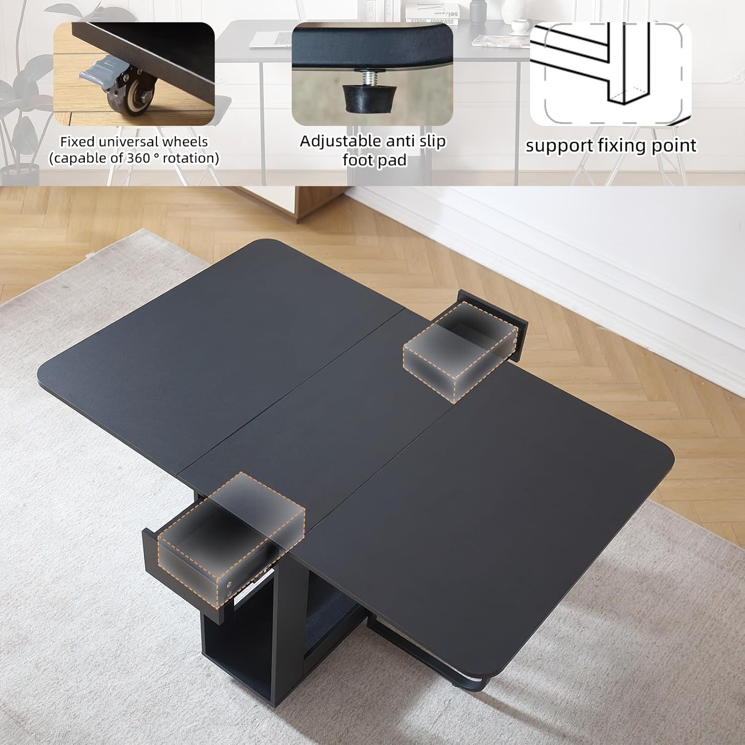 Folding Dining Room Table with Two Drawers for 4/6 with Space Saving Drop Leaf Table,Lockable Wheels & Storage, Heavy Duty Plywood Top 300lb, Convertible Desk for Apartments/RV/Home Office