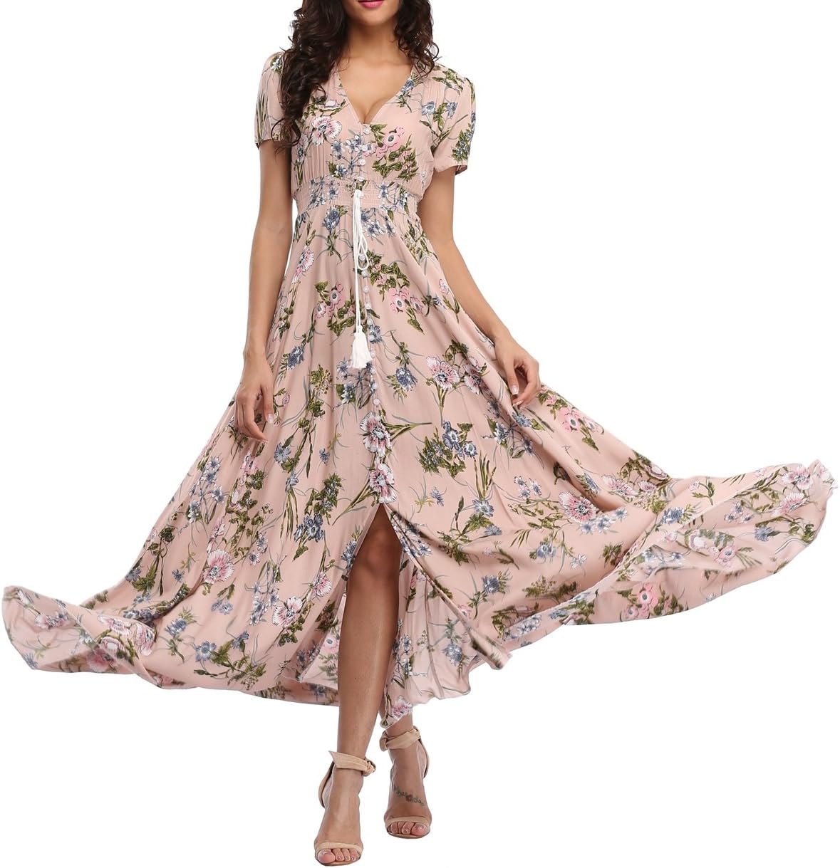 Women's Floral Maxi Dresses Casual Long Summer Boho Beach Dress Short Sleeve Button Up Split Party Dress - Image 3