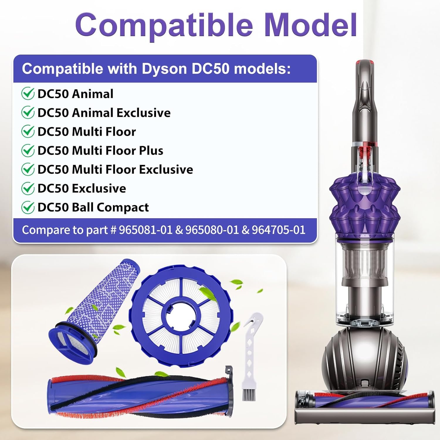 DC50 Brush Roll Filter Replacement for Dyson DC50 Animal Multi Floor Complete Vacuum，Post-Motor Filter & Pre-Motor Filter and DC50 Roller Brush，Part # 965081-01&965080-01&964705-01