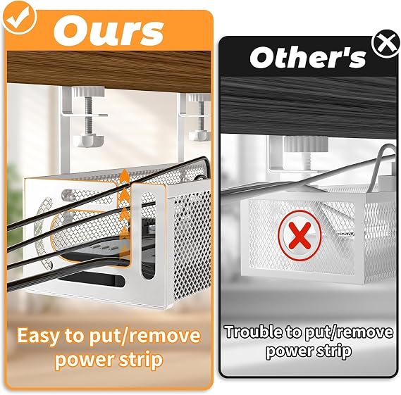 Under Desk Cable Management Tray No Drill, Metal Mesh Cable Management Under Desk with Clamp Mount, Wire Management Tray, Cord Organizer for Home Office, White