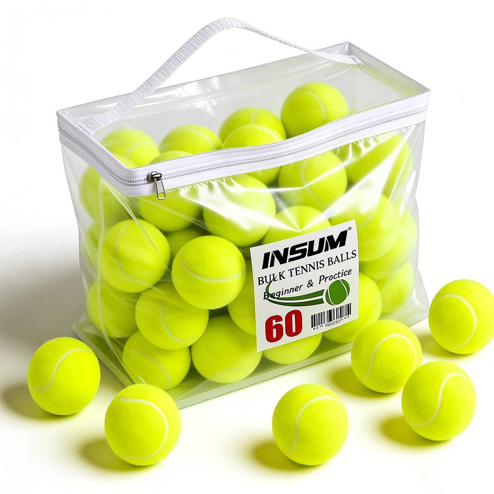 INSUM Tennisbälle für Anfänger, 30/60/120 Stück, hohe Elastizität, Übungs-Tennisbälle mit Netztaschen, tragbar für Haustier, Hund, Outdoor-Spielen, Training, Apportieren