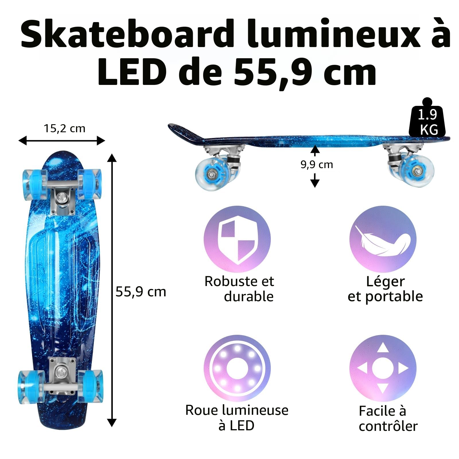 BELEEV Skateboard Complet Mini Cruiser pour Enfants 56cm, Adolescents, Adultes, Roues Lumineuses LED avec Clé de Type T, Tout-en-Un pour Filles Garçons Débutants