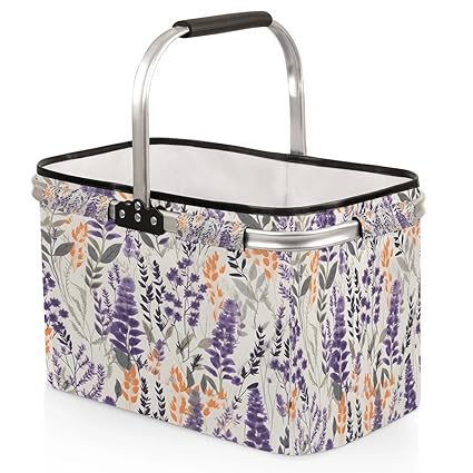 Kizmoglux Lavender Flowers Collapsible Market Basket, Foldable Picnic Basket - Large Shopping Basket with Handles, Portable Folding Bag for Shopping Camping Picnic