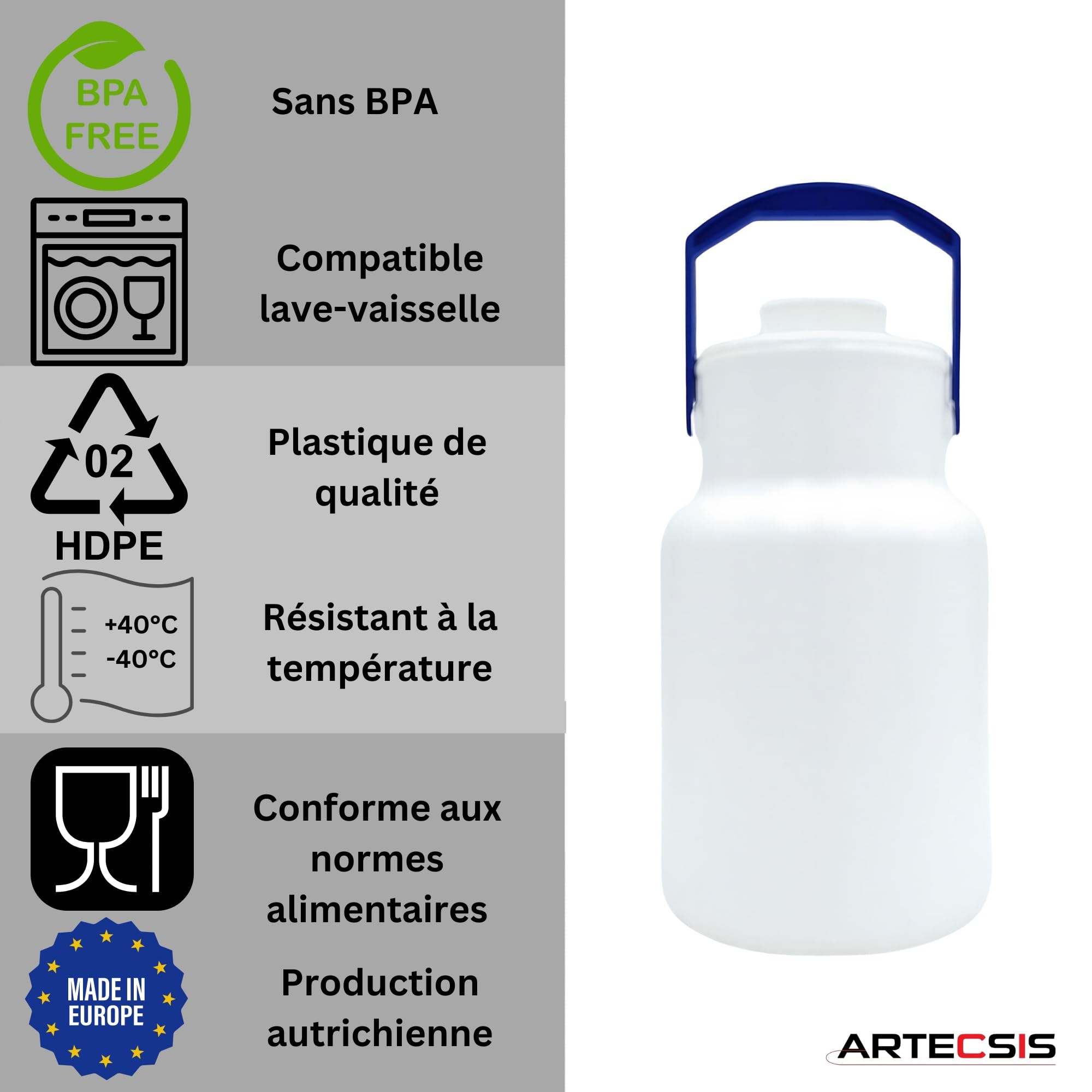 ARTECSIS Pot à Lait 2L avec Couvercle, Cruche de Transport, Plastique avec Poignée