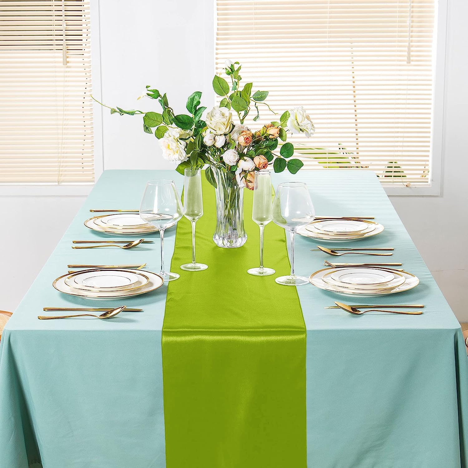 SI Pack of 20 Wedding 12 x 108 inch Satin Table Runner for Wedding, Decorations for Graduations, Engagements, Birthday Parties, Banquets, Runners fit Rectangle, Round Table - Lime Green