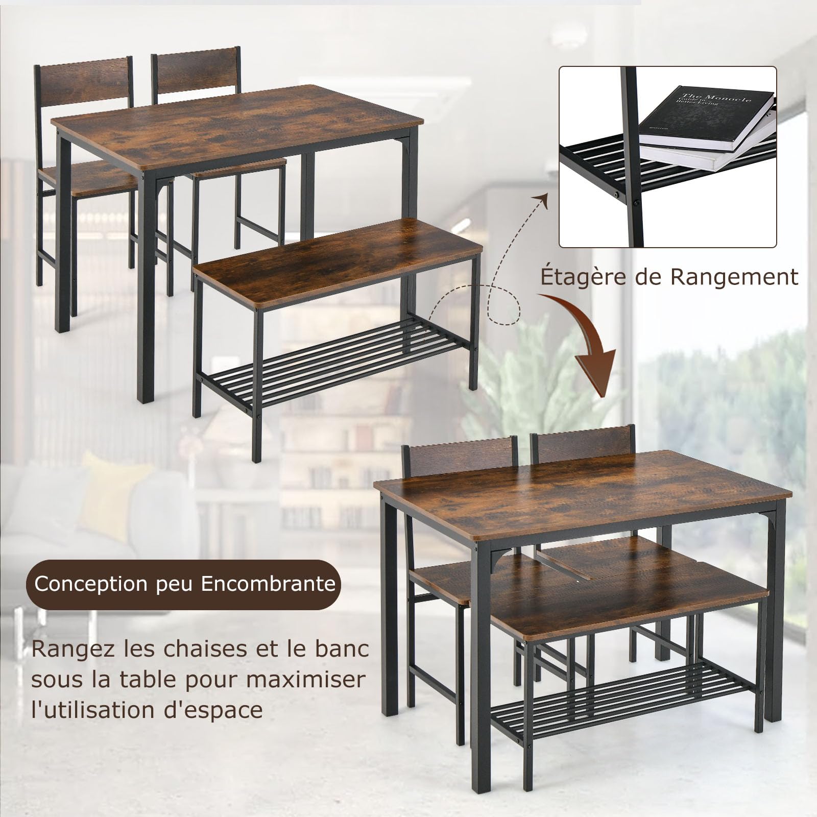 COSTWAY Ensemble Table et Chaise Salle a Manger pour 4 Personnes, 2 Chaises, Banc avec Étagère, Design Compacte Encastrable, Salle a Manger Complete pour Petite Espace, Cuisine, Salon(Marron)