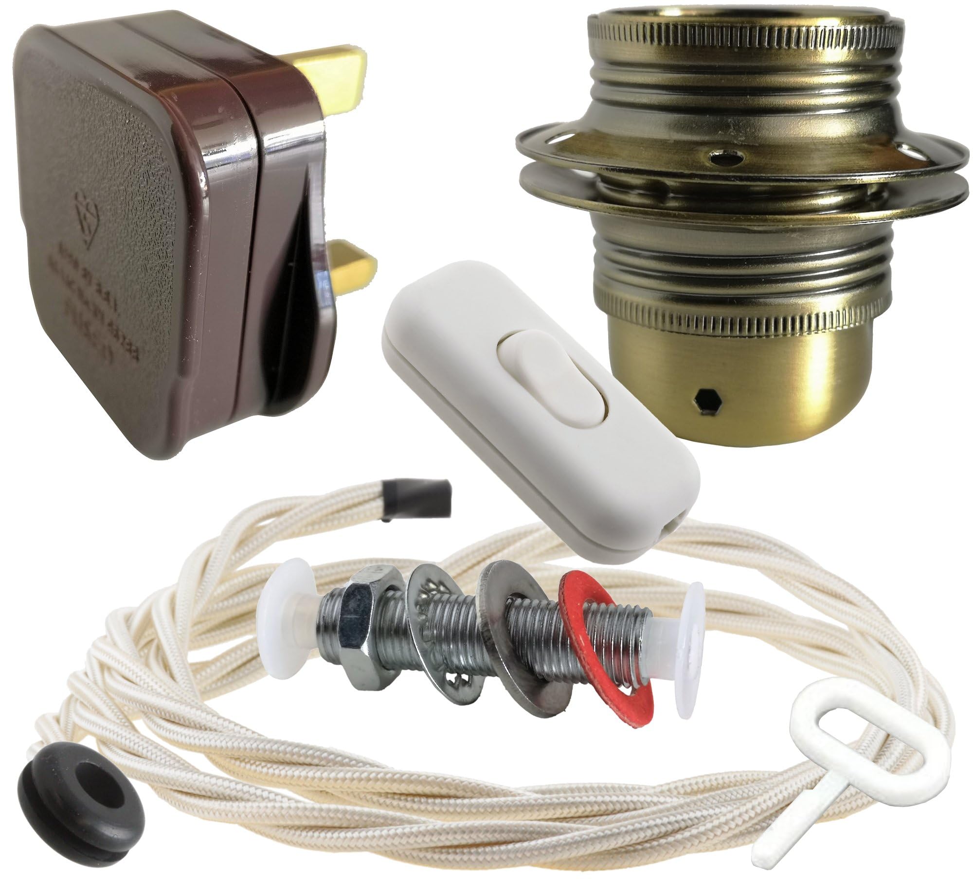Art Deco Emporium Lamp Repair and Service Kit|Brown Plug|Ivory Flex|White Switch|E27 Antique Brass Finish Lamp Holder Holder โ image 1