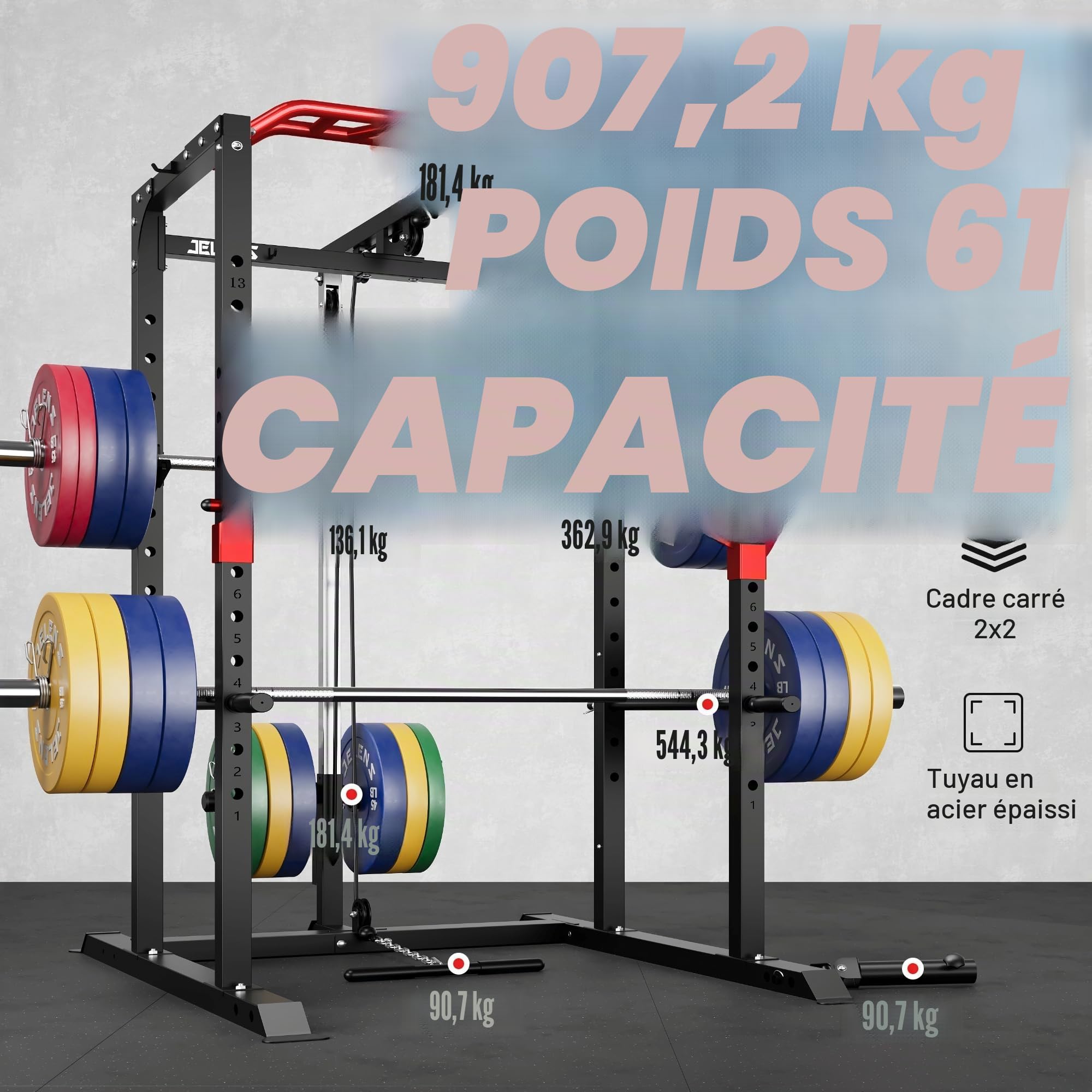 JELENS Power Cage, support multifonction S11 de 907 kg avec traction latte, support de squat avec système de poulie réglable et plus d'accessoires d'entraînement, machine d'entraînement de poids pour