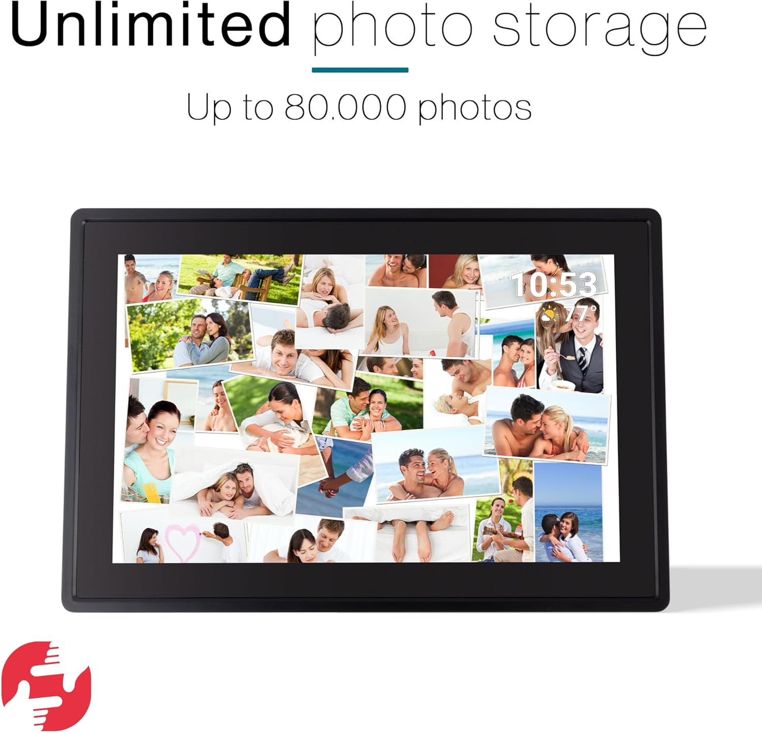 Tiqvi Digital Photo Frame displaying a collage of various photos, illustrating unlimited photo storage.