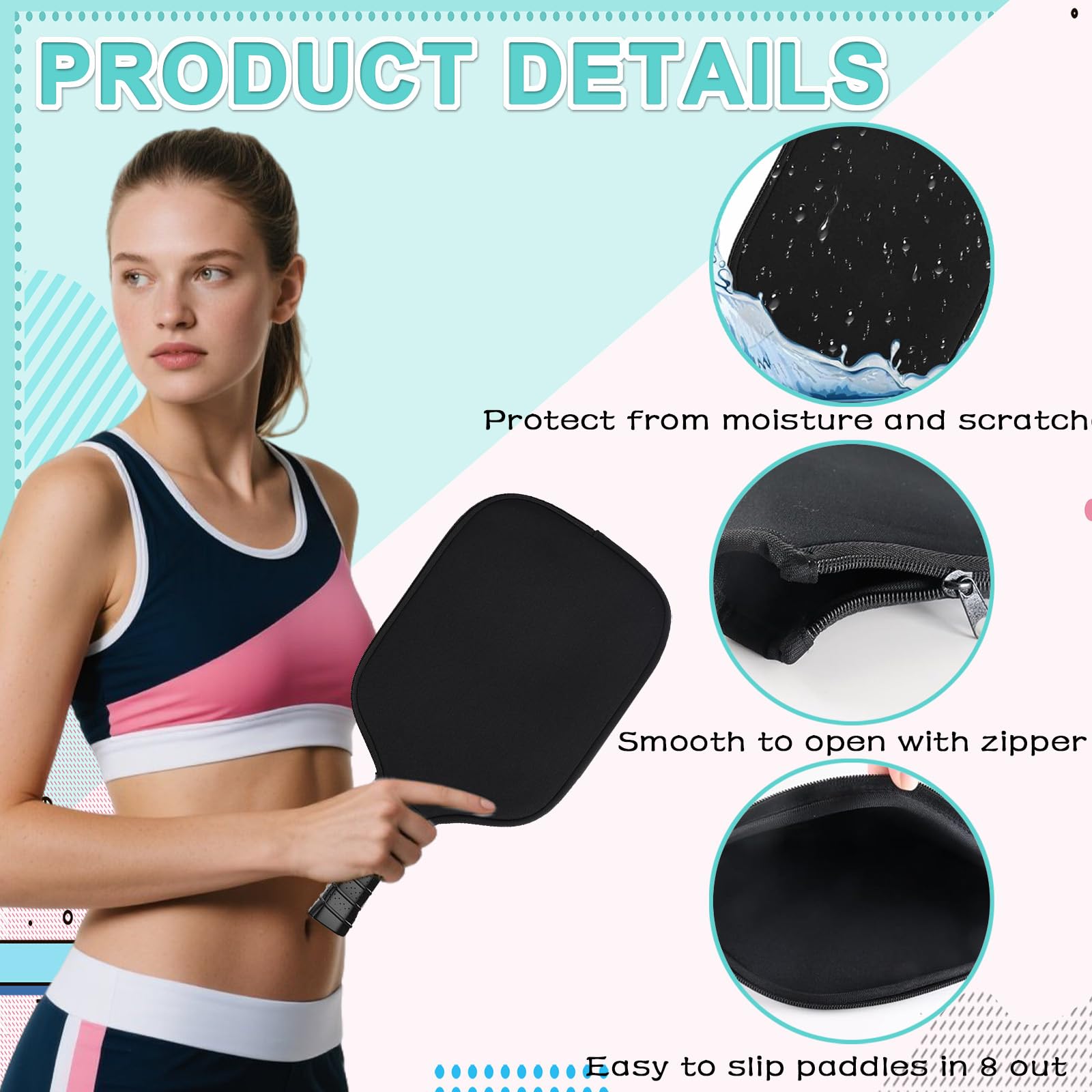 Set di 2 Custodie per Racchetta da Pickleball - in Neoprene, con Cerniera, Anti-Urto e Resistente alla Polvere, 8.25 x 11.8 Pollici, Protezione per Racchette Standard