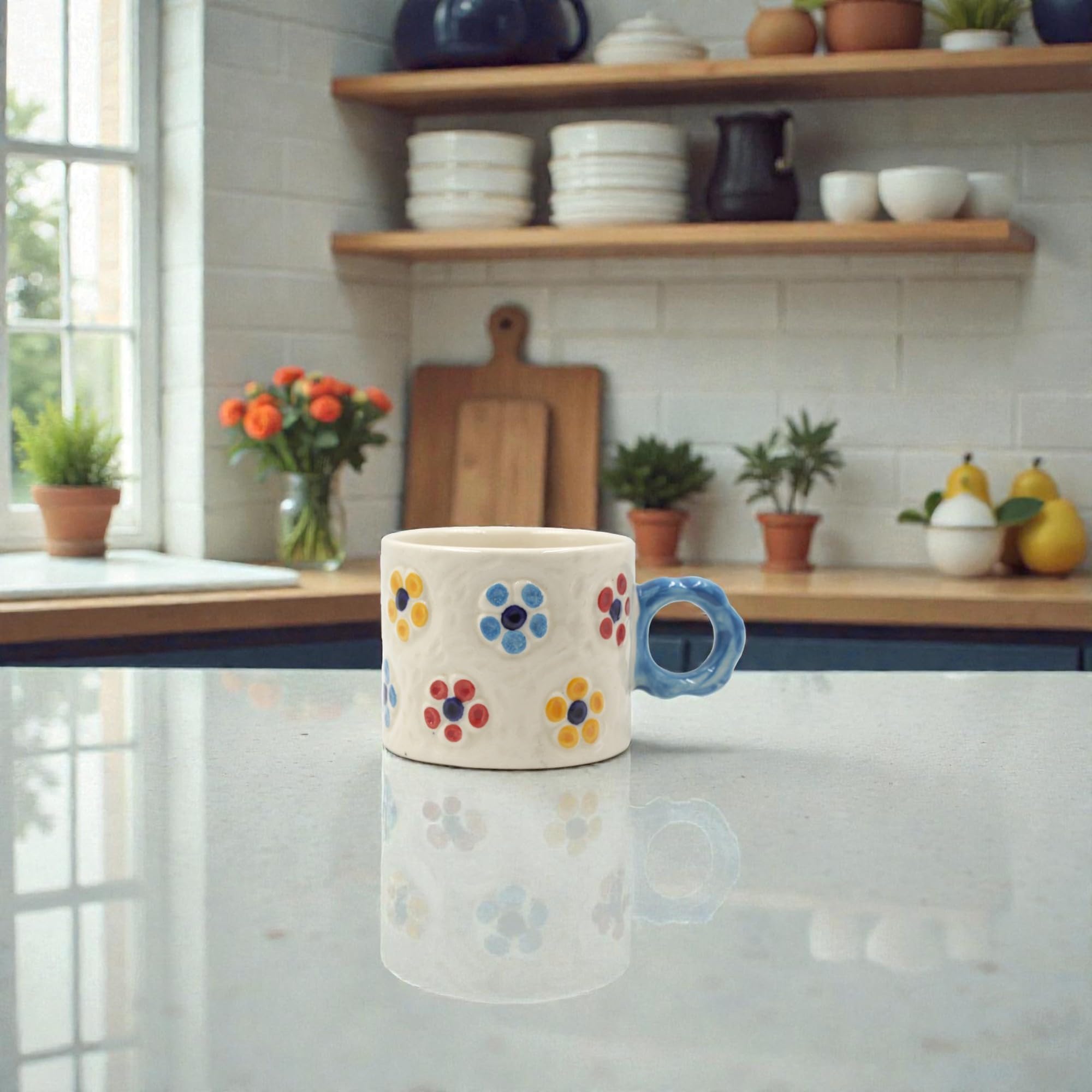 Daisy Dot Ceramic Coffee Mug with Blue Handle | Cute Aesthetic Floral Coffee Mug | Aesthetic Coffee Round Mug | Microwave Safe | 300 ml | Ideal for Gifting (Blue Handle)