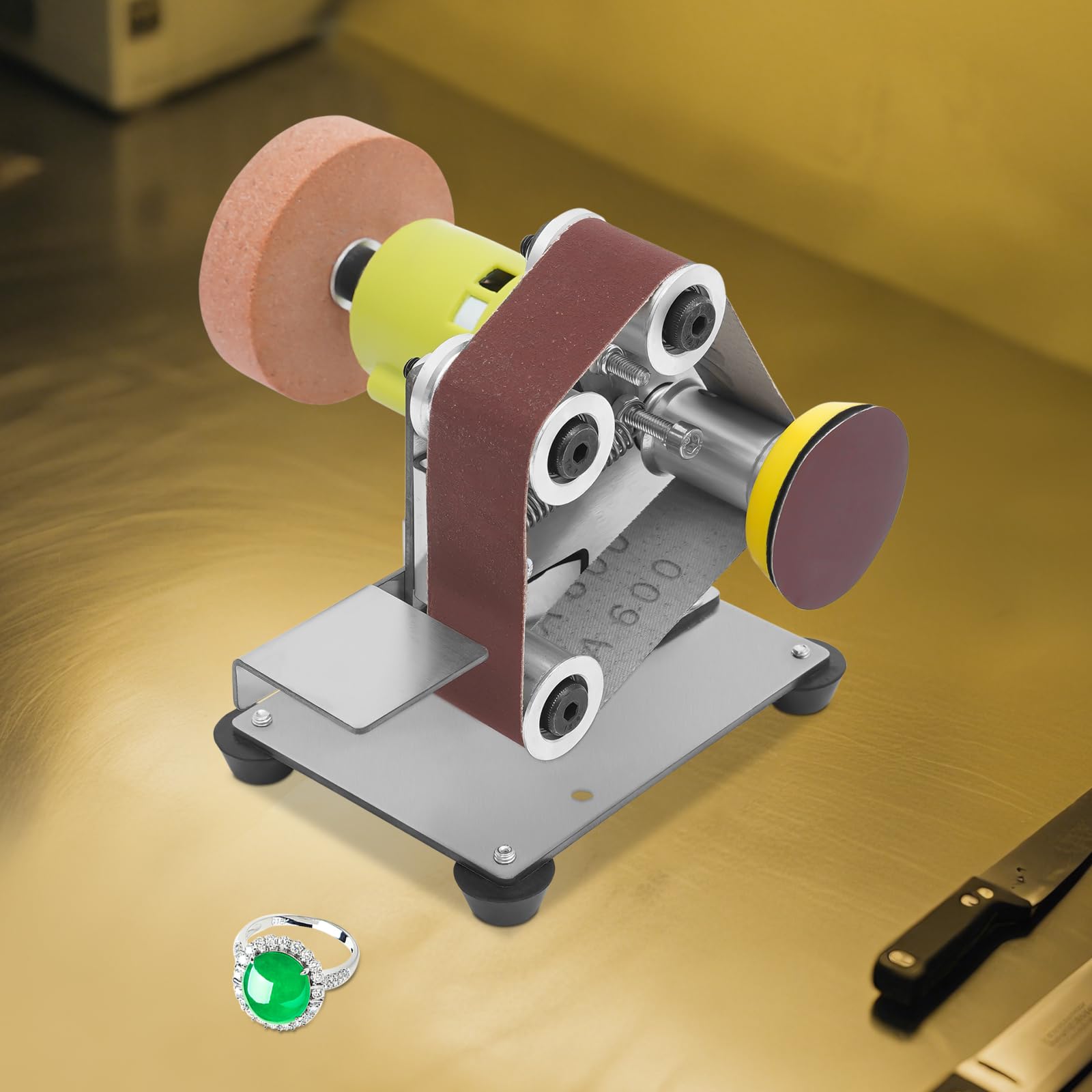 Mini lijadora de banda, 96 W, afilador de bordes, lijadora de 7 velocidades, control de velocidad de 4500 – 8000 rpm, bandas de lijado para madera, metal y plástico