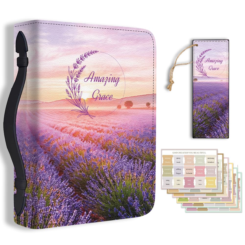 TNKBREEZE Women's Bible Cover Purple Lavender PU Leather Book Carrying Bag Amazing Grace Scenic Inspirational Bible Book Case with Bookmark Handle Zipper Christian Gift Church Study Supply11.2x8x2.3in
