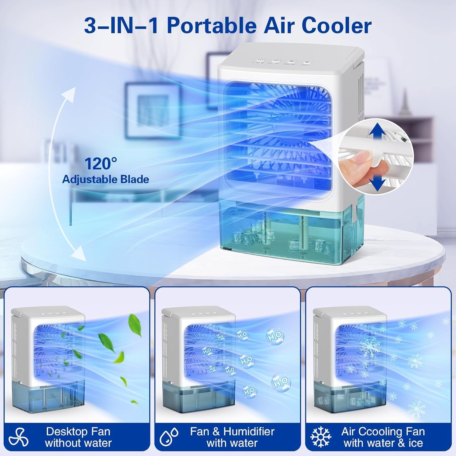 Portable Air Conditioners, 3-In-1 Mini Portable AC Unit 3 Speed with Icy Mist, 900ML Water Tank Cooling Fan with 2/4H Timer 7 Color Lights, Evaporative Cooler Fan for Car Bedrooms Offices Desk Rv Room