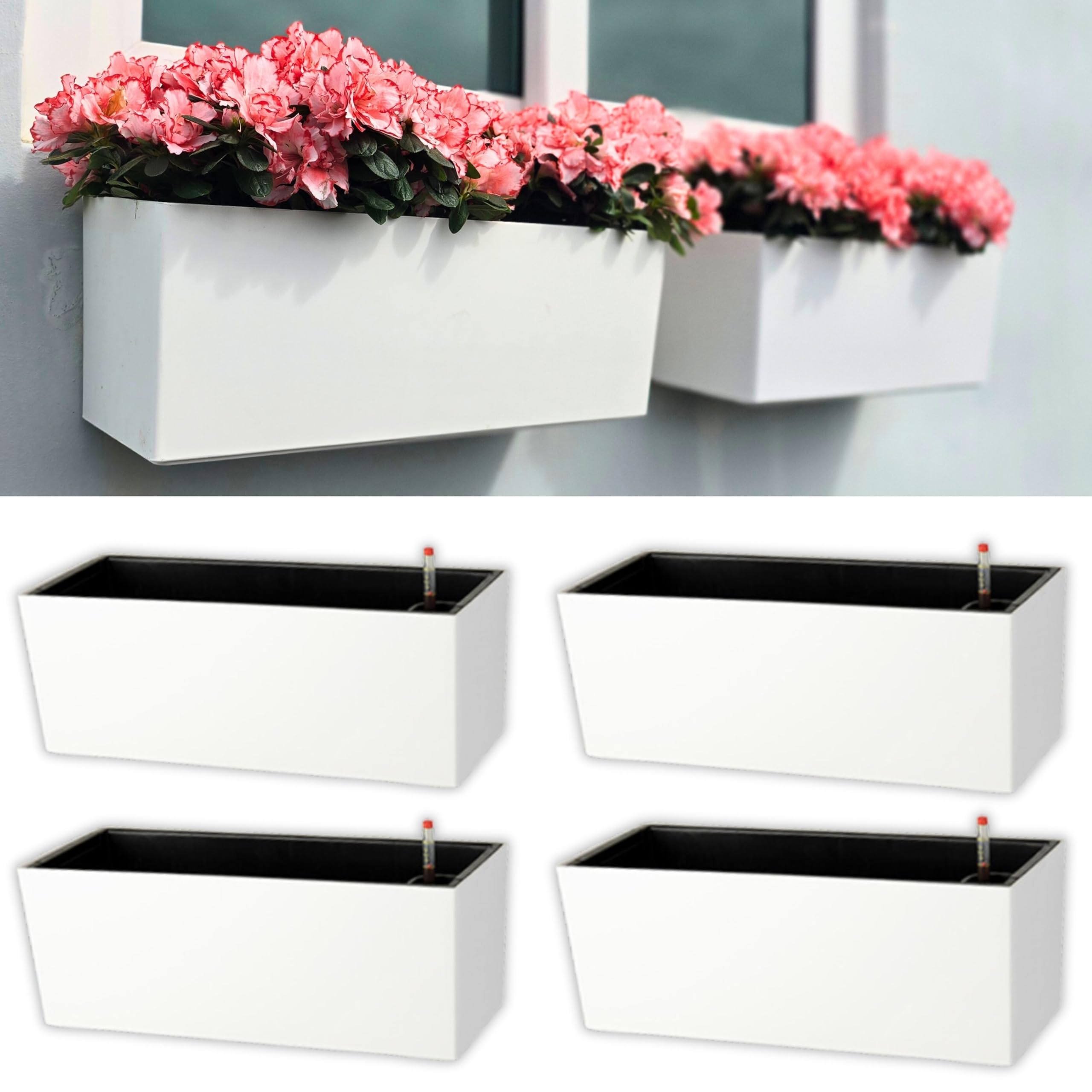 LaLaGreen Wall Hanging Planter Outdoor (20 Inch, 4 Pack) Wall Mounted Self Watering System Window Boxes with Bracket, White Rectangular Plant Pot Flower Box Container Indoor Modern Herb Kitchen Decor