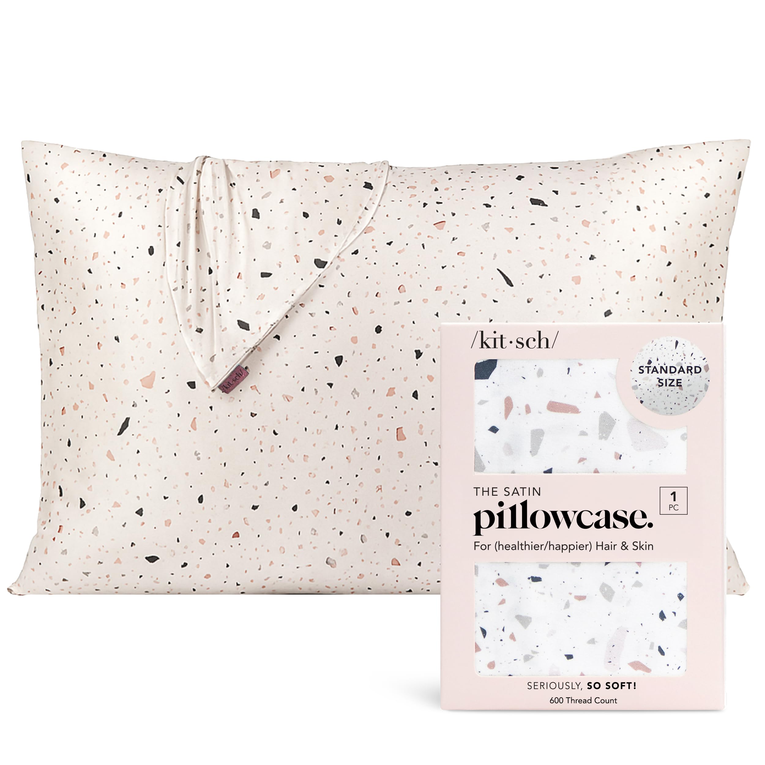 Kitsch Fodera per cuscino in satin con cerniera per capelli e pelle, morbida come seta, liscia, lavabile in lavatrice, senza pieghe, satin rinfrescante - Queen/Standard - Bianco Terrazzo