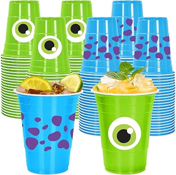 FYSUIMU 60 Pcs Cartoon Monster Party Plastic Cup 16 Oz Disposable Drinking Cup Blue Green Beverage Tumbler Glasses for Monster Theme Party Coffee Juice Drink Supplies
