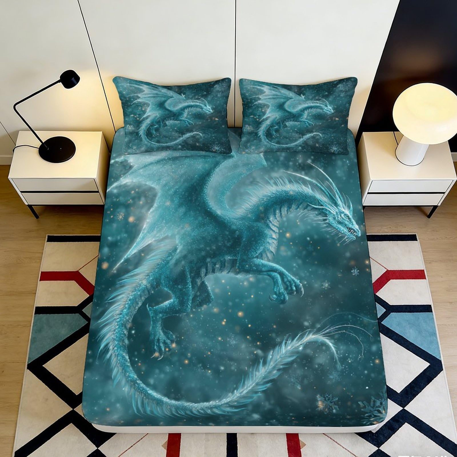 3D Printed Blue Dragon Fitted Sheet Microfiber Soft Non-Slip Oriental Cloud Mattress Cover Bedroom Decor 90x200x25cm