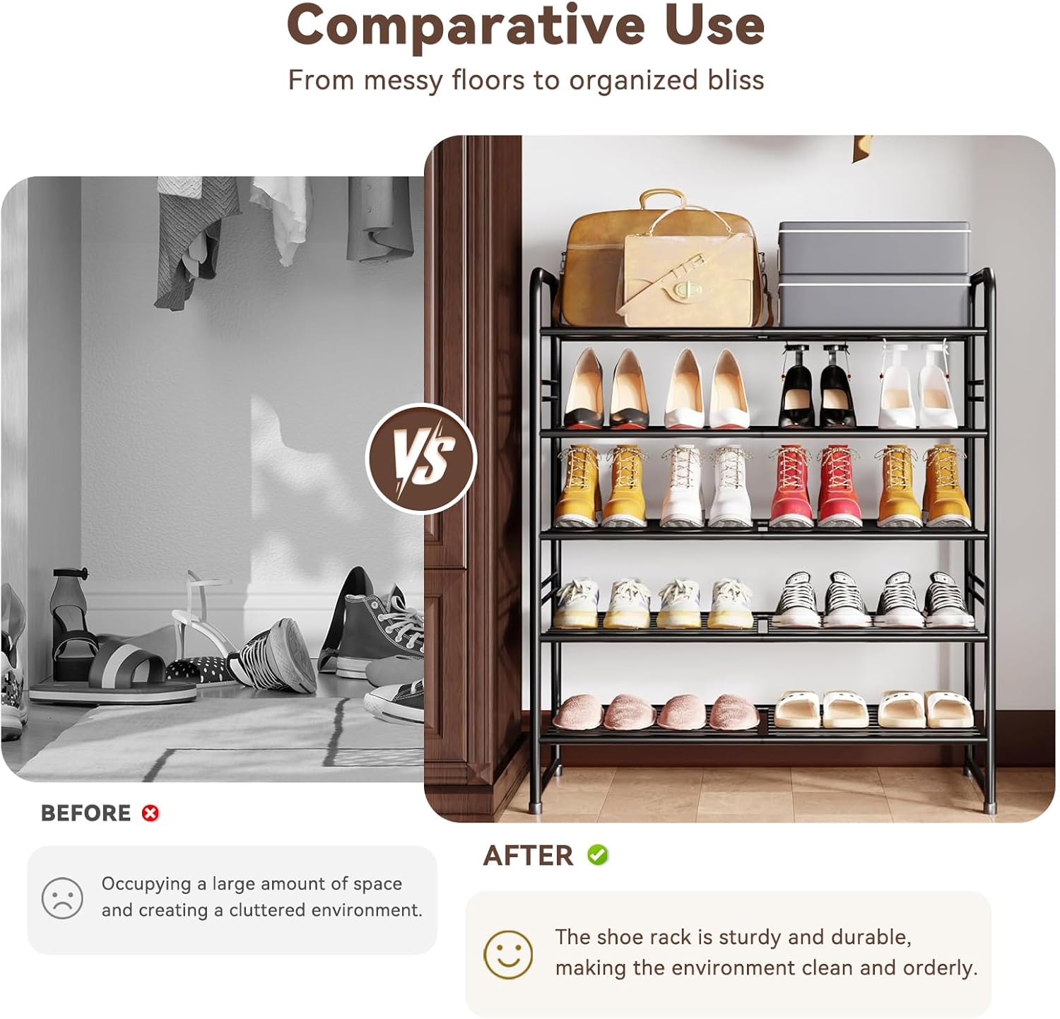 Shoe Rack Stackable, 5 Tier All Metal Free Standing Shoe Storage for Garage, Heavy Duty & Adjustable, Black