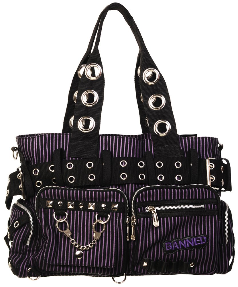 Banned Damen Handtasche mit Handschellen-Details, Rockabilly-Look, Leinwand