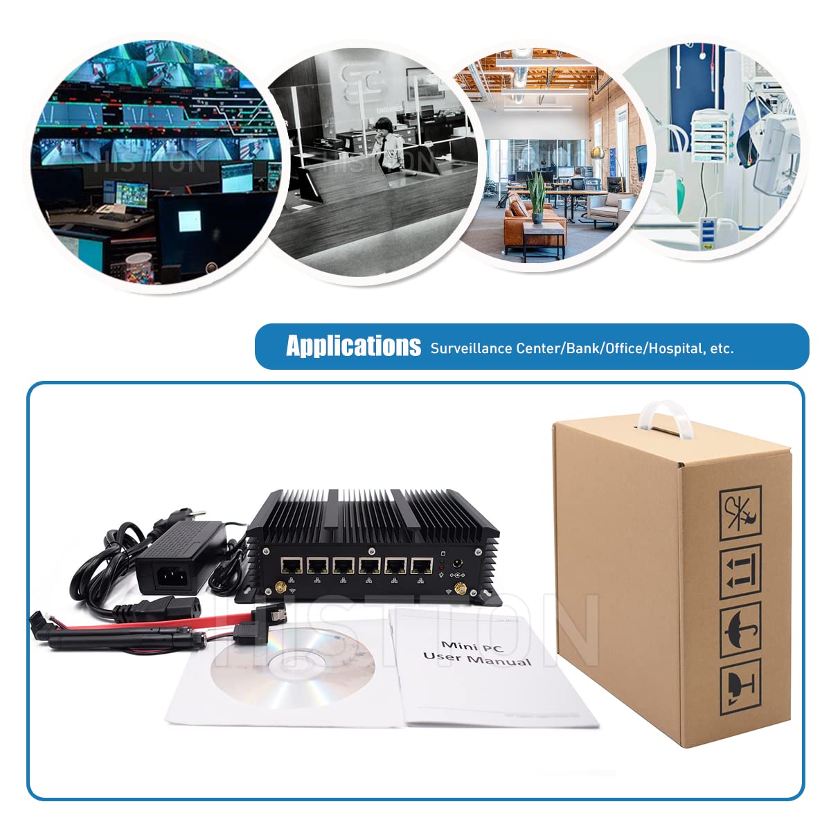 HISTTON Mini PC Firewall Router, 6 NIC Firewall 2.5GbE/1GbE, Fanless Mini PC Core i5-8265U 16GB DDR4 256GB SSD, Hardware Firewall for Networks/Gateway Router, Mini Computer, RS232 COM/USB3.0/HD