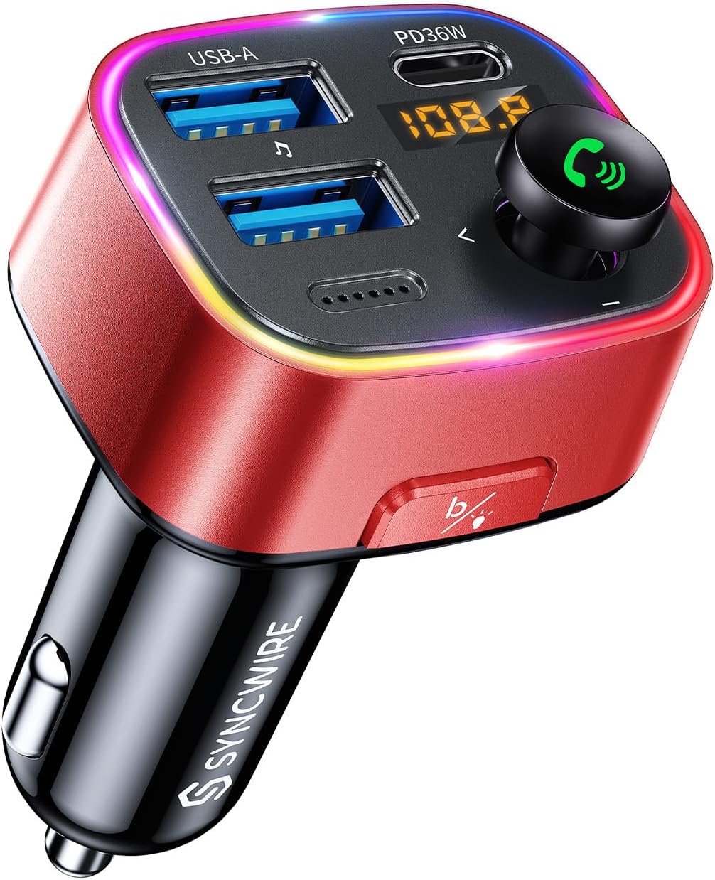 Bluetooth 5.4 FM Transmitter Car Adapter 48W (PD 36W & 12W) [Light Switch] [HiFi Bass Sound] [Fast Charging] Wireless Radio Music Adapter LED Display Hands-Free Calling Support USB Drive