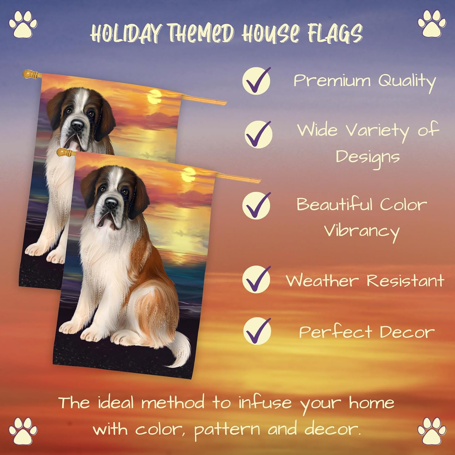 Sunset Saint Bernard Dog House Flag - Outdoor Double Sided Pet Portrait Weather Resistant Premium Quality Home Decorative Flags - 100% Polyester 29"w x 43"h, HFLG54258