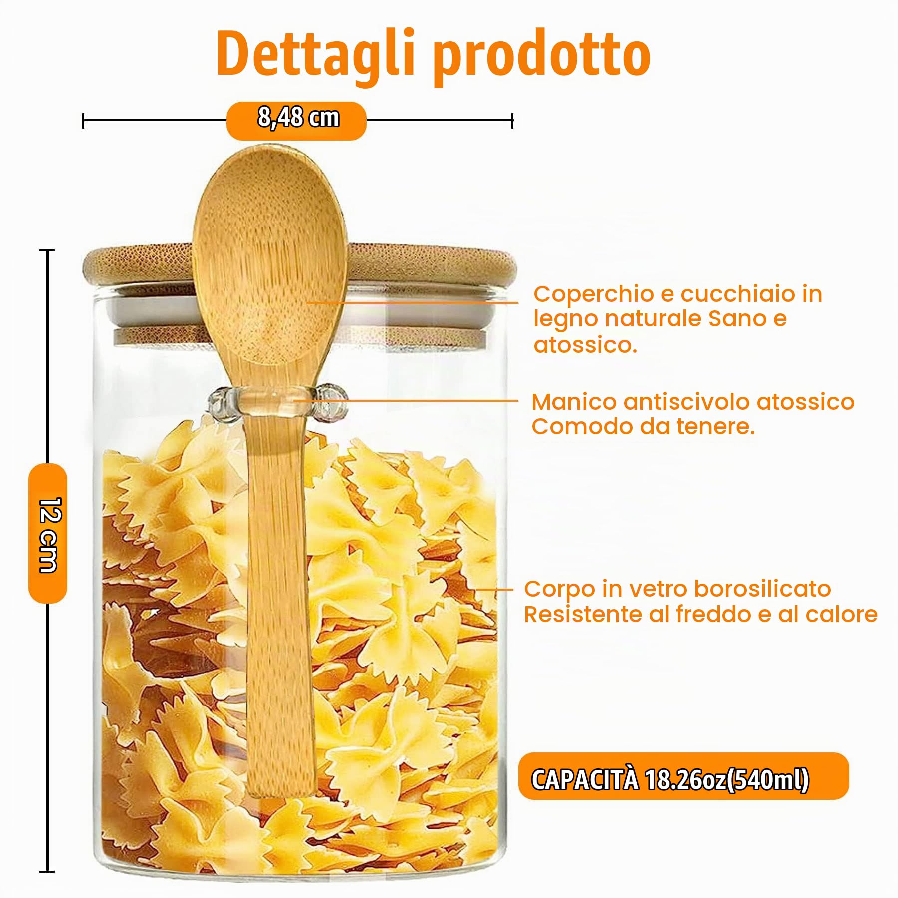 Barattoli Vetro con Coperchio,Barattoli Vetro Ermetici con Cucchiaio e Coperchio, Ideali per la Conservazione di Prodotti Secchi, Spezie, Tè, Caffè, Noci, Semi ecc (540ML×8)