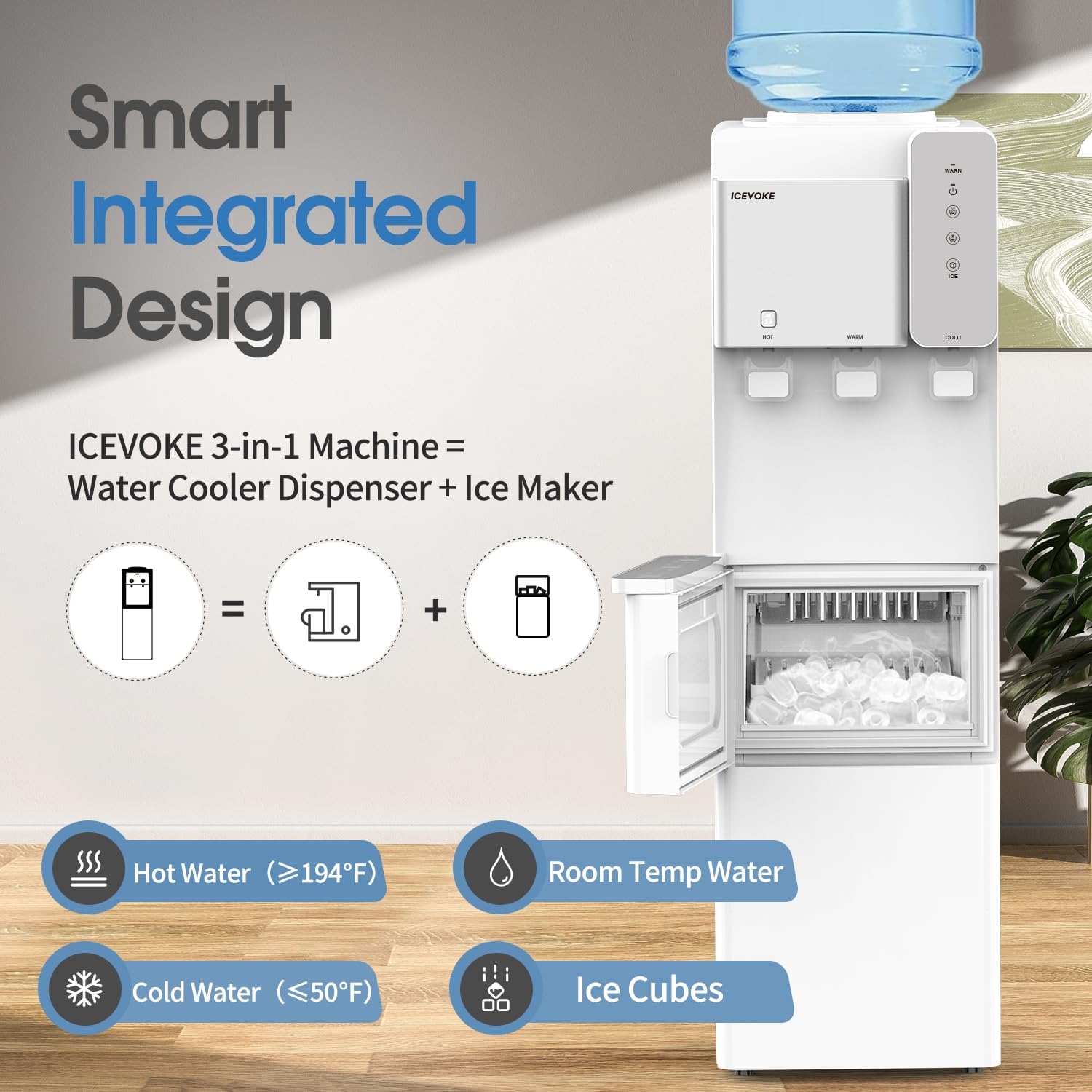 3-in-1 Water Cooler with Built-in Ice Maker, Top Load Ice and Water Dispenser for 3 or 5 Gallon Bottle, Hot, Cold & Room Water, 27LBS/24H Ice Making, Child Safety Lock, Night Light, White