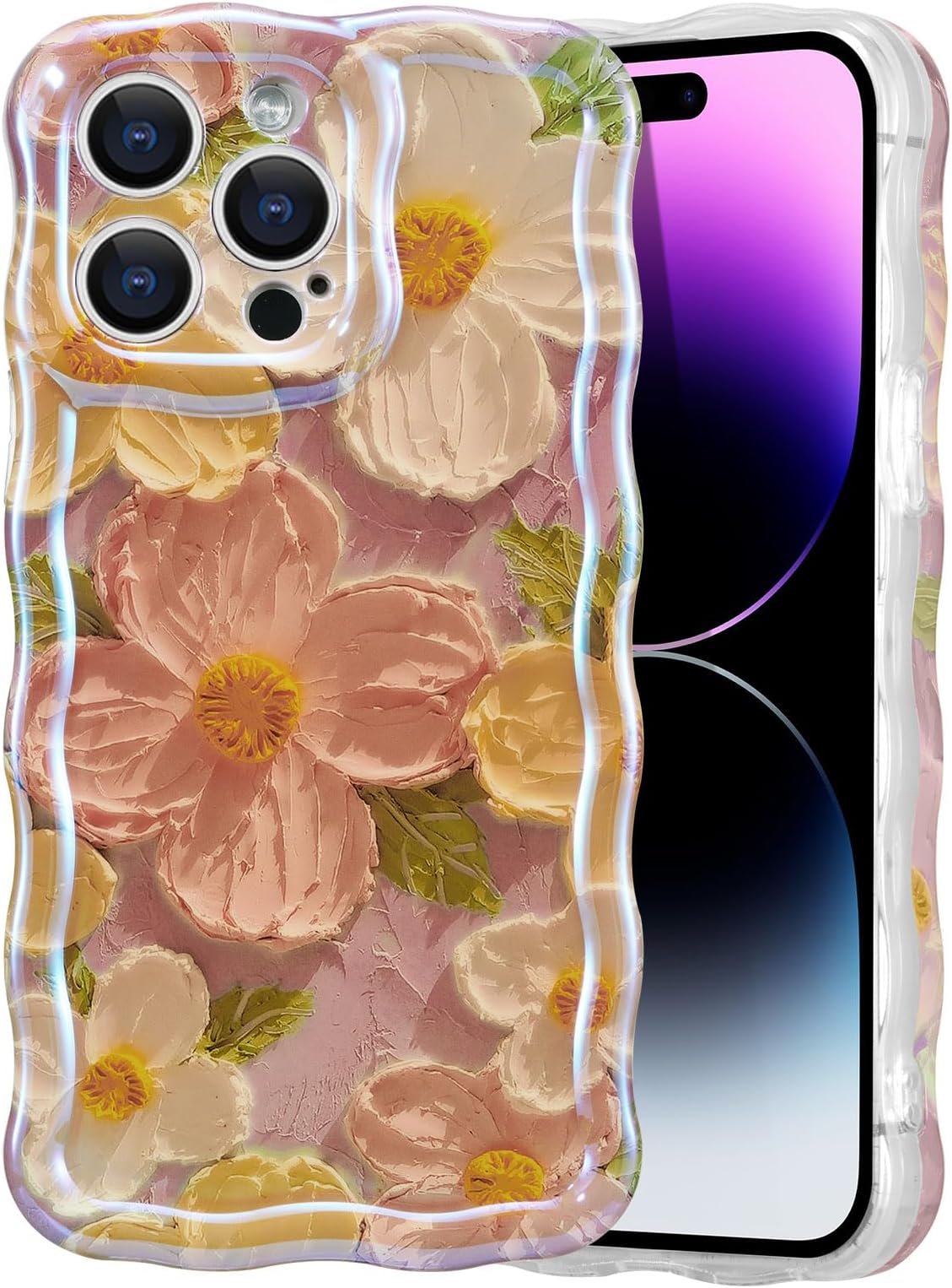 EYZUTAK Case for iPhone 12 Pro, Colorful Retro Oil Painting Printed Flower Laser Glossy Pattern Cute Curly Waves Border Exquisite Phone Cover Stylish Durable TPU Protective Case for Girls Women - Pink