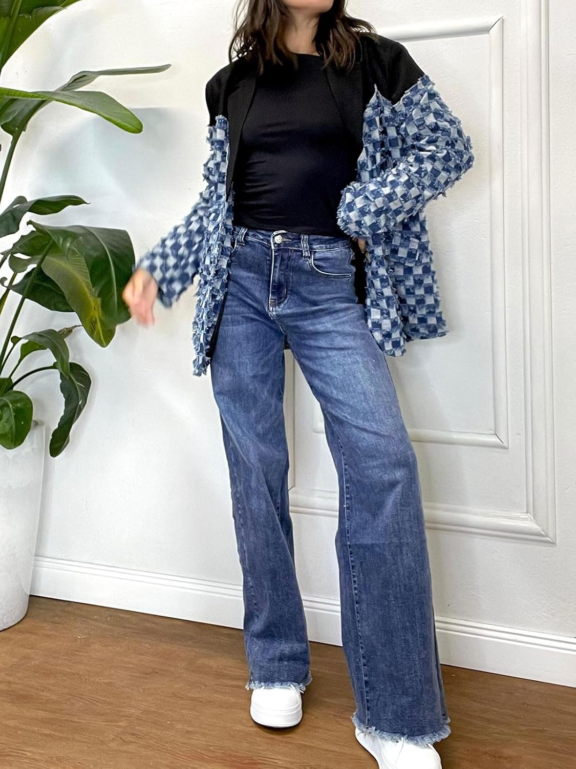 KANSOON Women Denim Blazer Jacket Patchwork Jean Long Sleeve Button Fringe Chic Casual Blazer