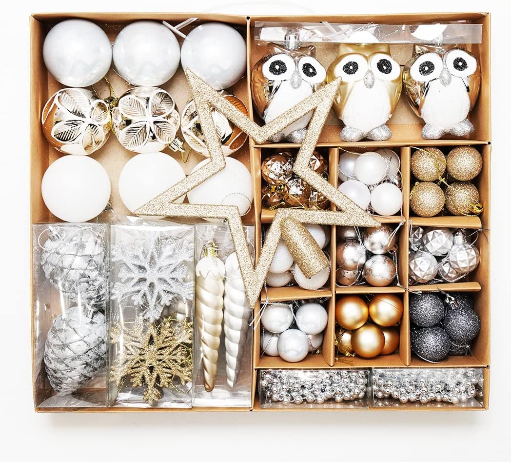 Christmas Tree Ball Ornaments Set, 100 ct GoldSilver Owl
