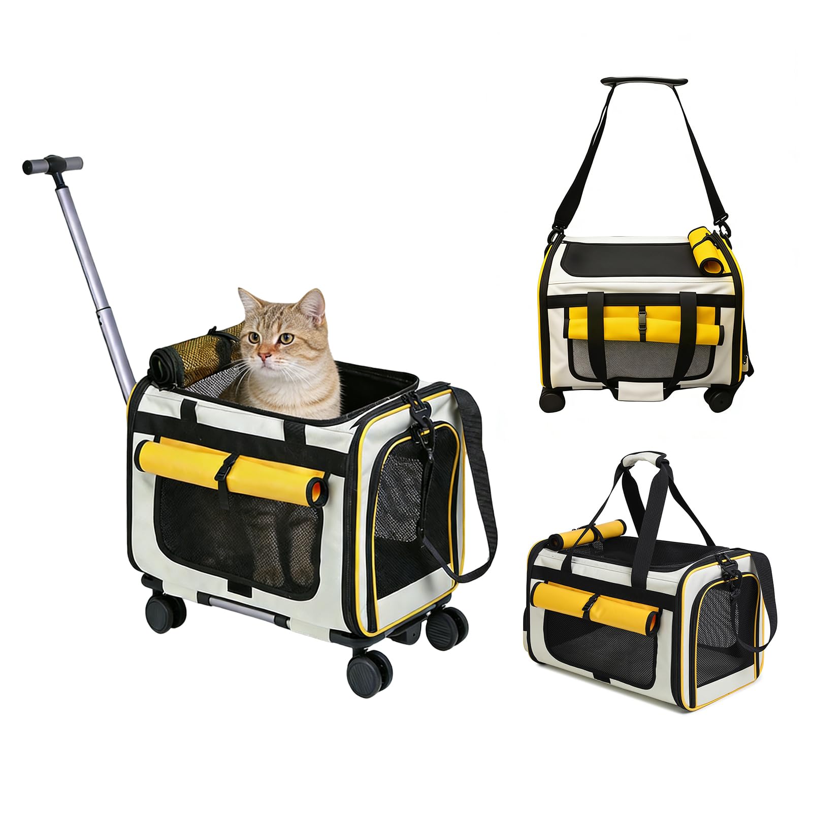 Expandable Pet Carrier with Wheels for Small Dogs and Cats,Airline Approved Rolling Cat Carrier with Removable Platform,18”X11”X14”,Foldable Soft-Sided Travel Bag Fits Under Seat,Up to 16 lbs(Yellow)