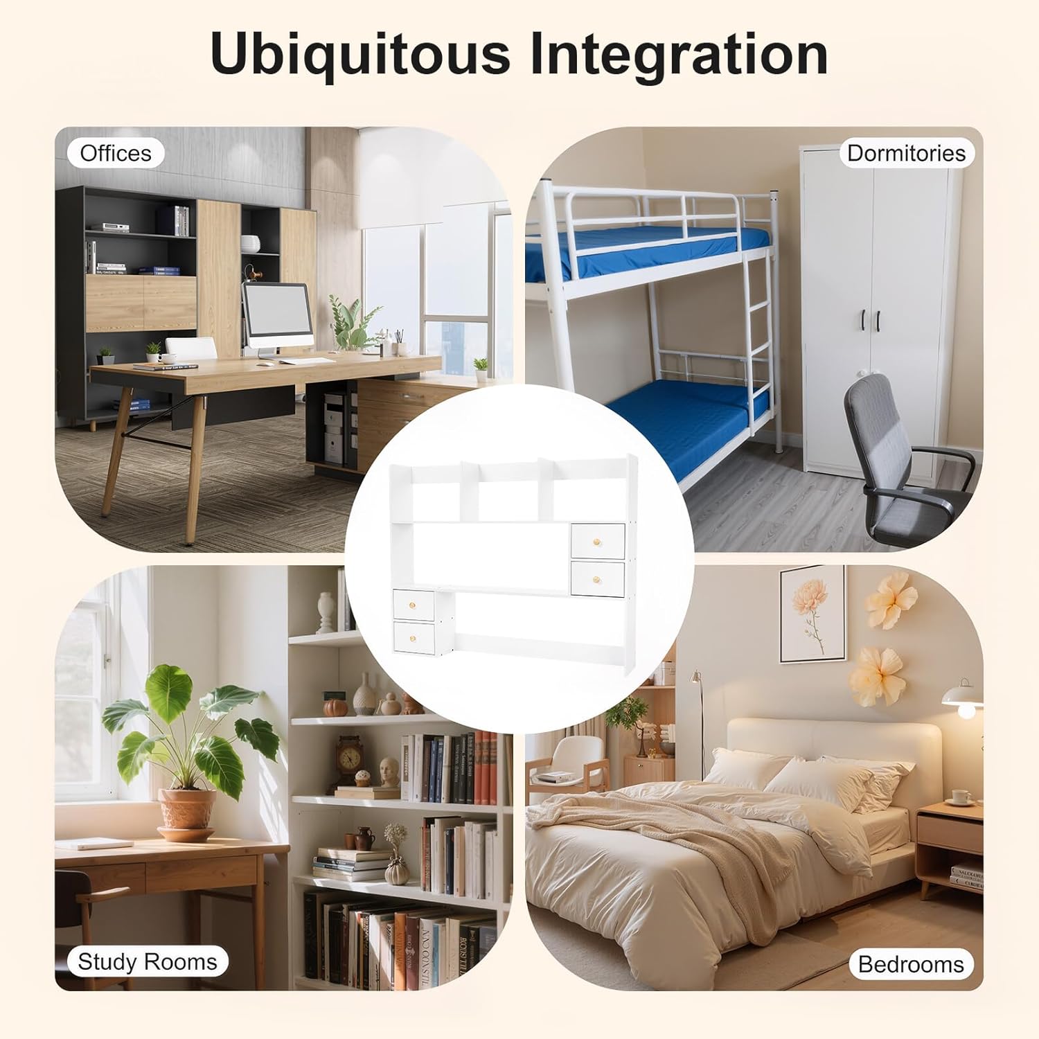 Wood Dorm Desktop Storage Rack, Office Desk Bookshelf Holder, Desktop Bookshelf Storage with 4 Small Storage Cabinets, Desktop Rack for Classrooms, Offices, Dormitories, Study Rooms (White)