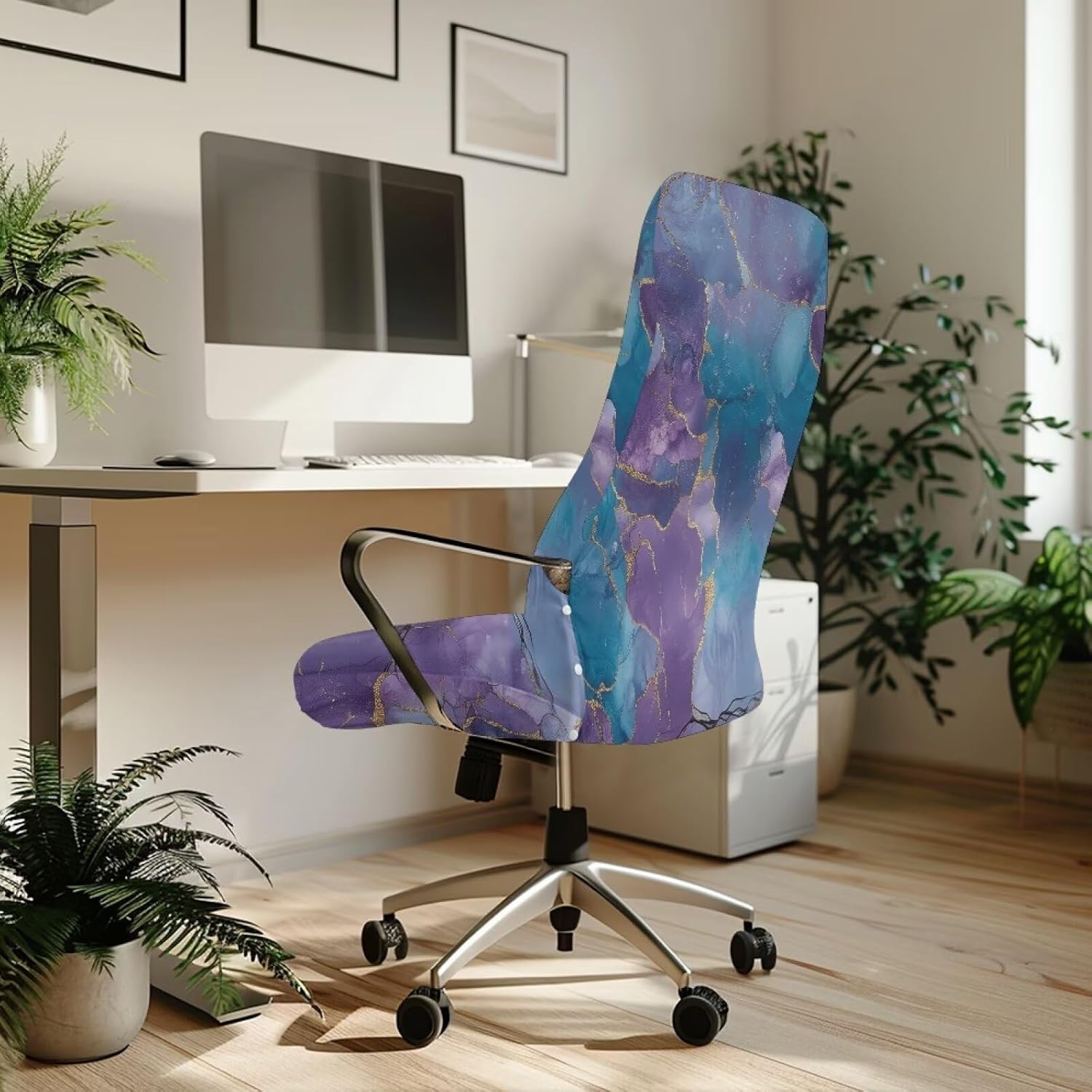 Wanyint Marble Violet Blue Office Chair Cover Rotating Chair Cover Protective Gaming Chair Cover for Office Chair Stain Resistant Non-Slip Office Chair Slipcover, L