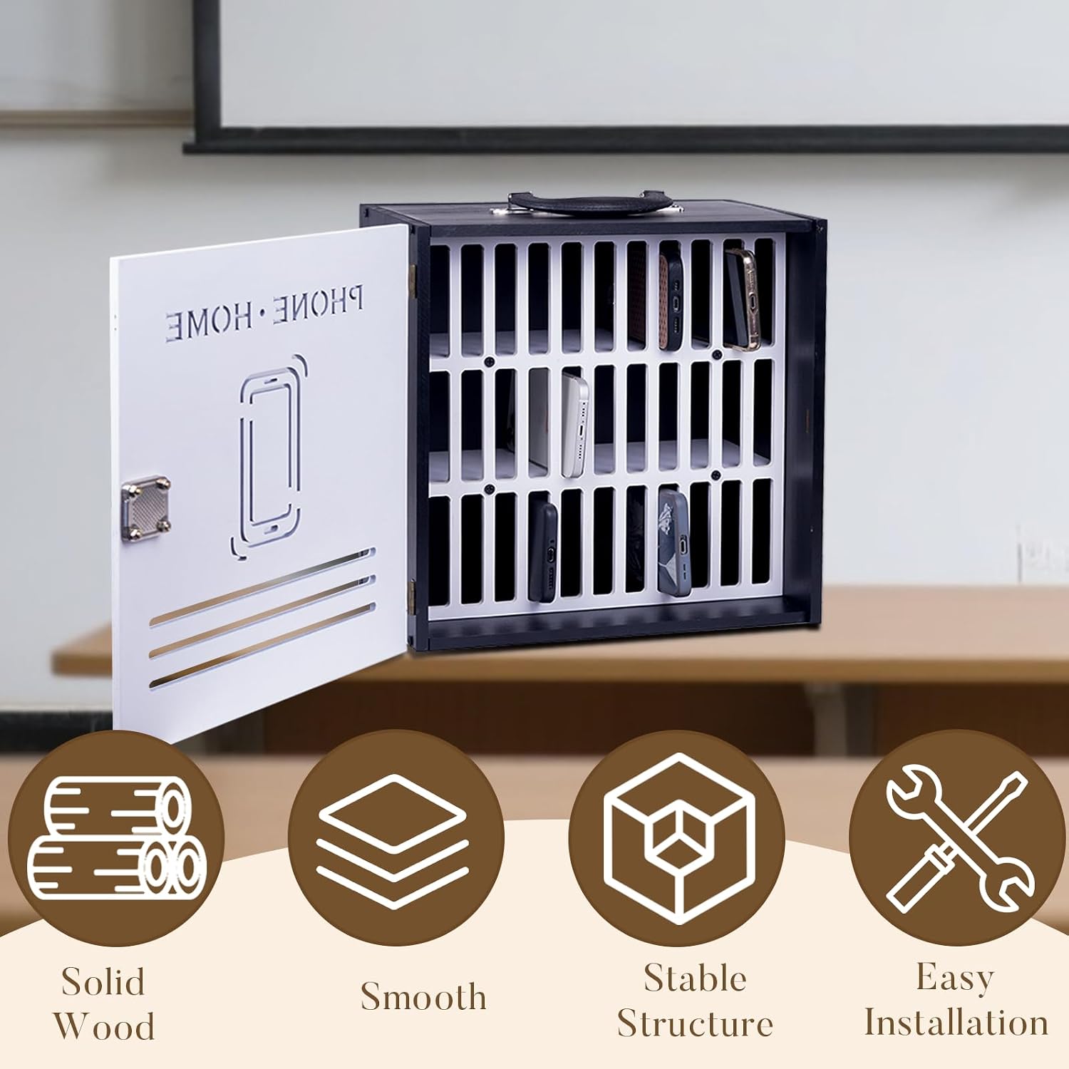 Wooden Classroom Cell Phone Holder Box - 33 Slot Lockable Phone Organizer for Schools,Convenient Handle,Digital Sticker,for Classrooms,Offices,Conference Rooms,etc