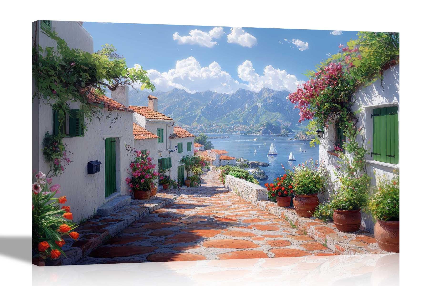 Artley Prints Mediterranen Mountain Town - Mediterranean Mountain Town Sea View Canvas Wall Art Prints For Bedroom Hallway Living Room Pictures Large 86 X 61Cm (34 X 24 Inches) A1