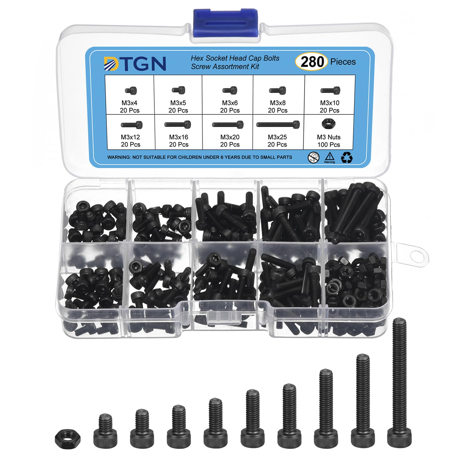 DTGN 280Pcs M3 Metric Screw Assortment, Bolts and Nuts Kit