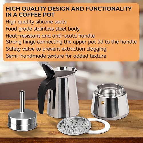 Miniatura 7 de Cafetera Moka de acero inoxidable, 12 tazas de 20.3 fl oz, cafetera de café expreso para estufa, cafetera estilo clásico italiano, Greca, Cafetera,