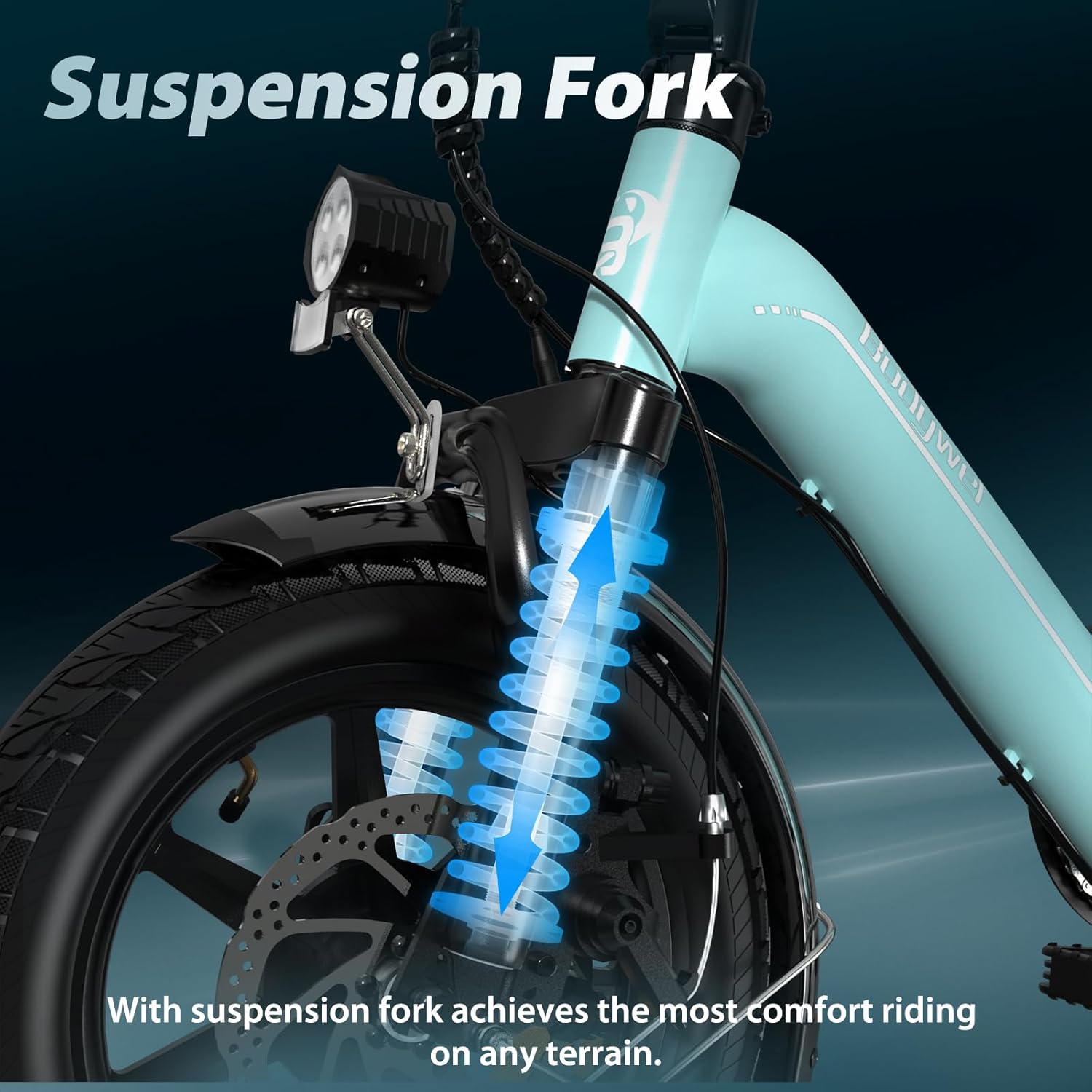 Illustration of the front suspension fork absorbing impact on the ebike.
