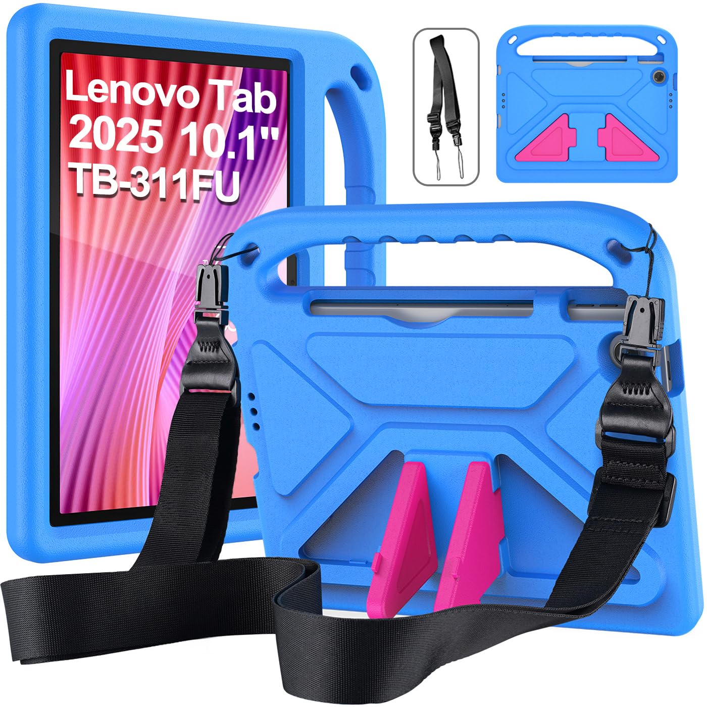 Custodia Bambini per Lenovo Tab Tablet 2025 10.1 Pollici (TB311FU/TB311XU), Eva Leggermente Antiurto Custodia Protettiva con Manico Bambino e Tracolla, Blu