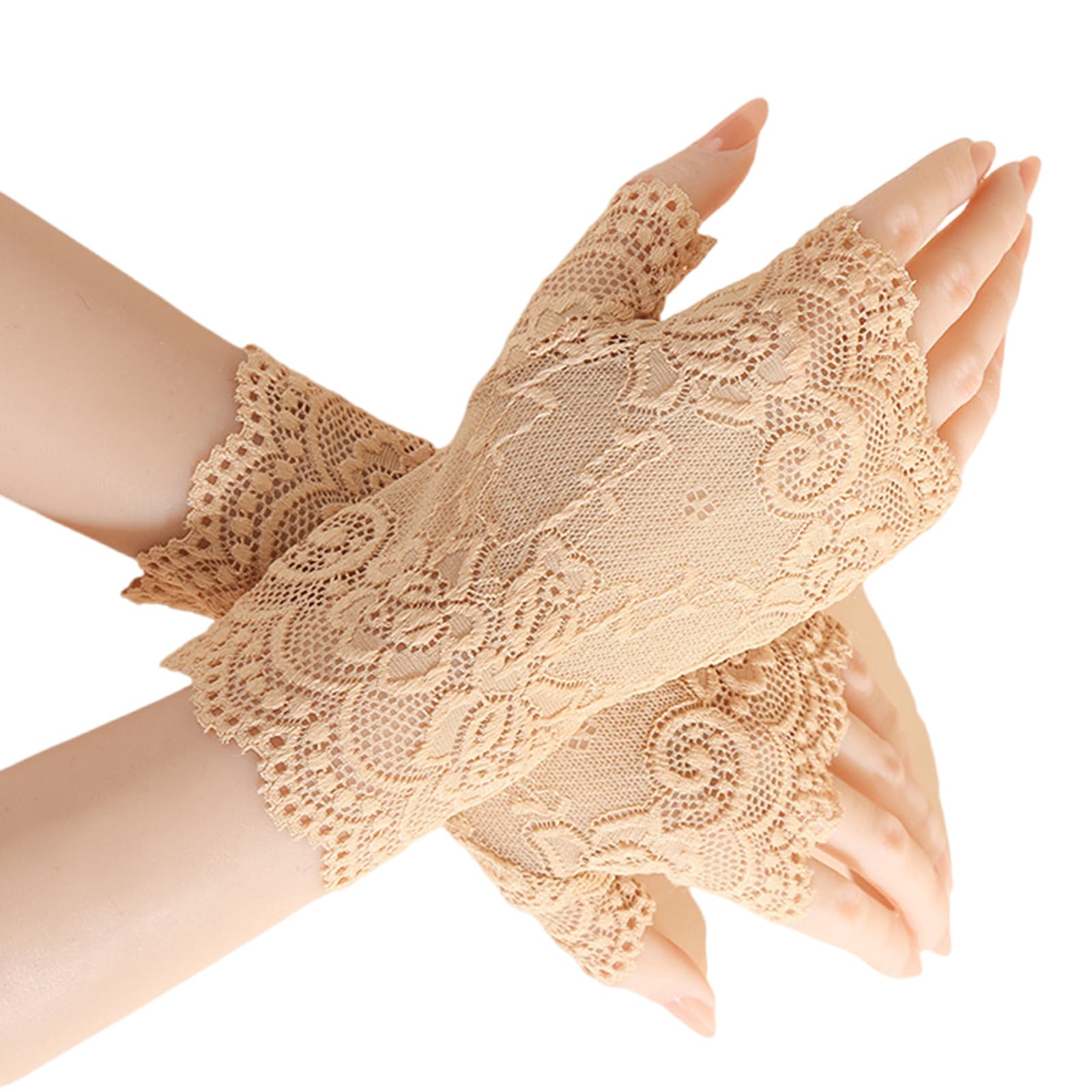 Fromceo Unisex Apricot Vintage Styles Lace Gloves For Formal Occasion Half Finger Coverage Ideal For Photoshoot Ceremonies Wedding Gloves For Bride